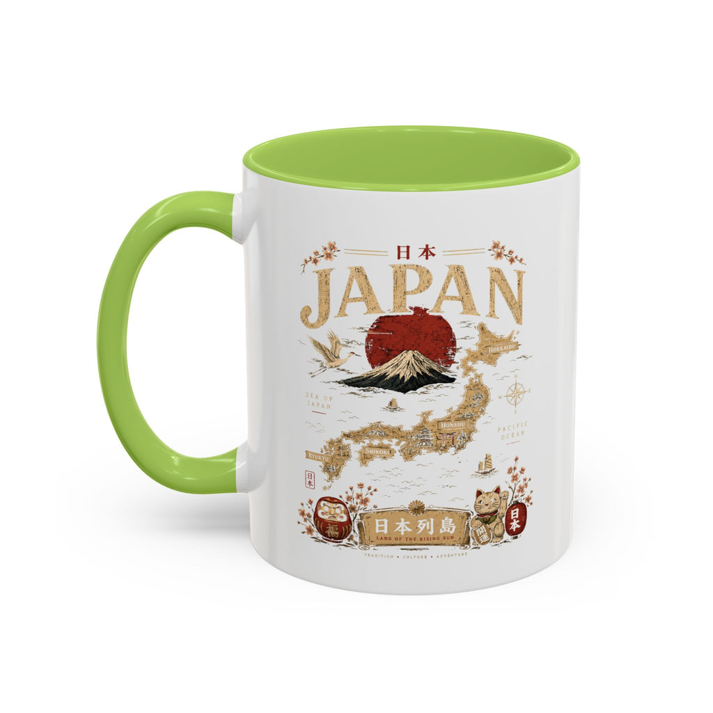 Japan Travel Map Coffee Mug — Mount Fuji Red Sun Accent Mug (11/15 oz)