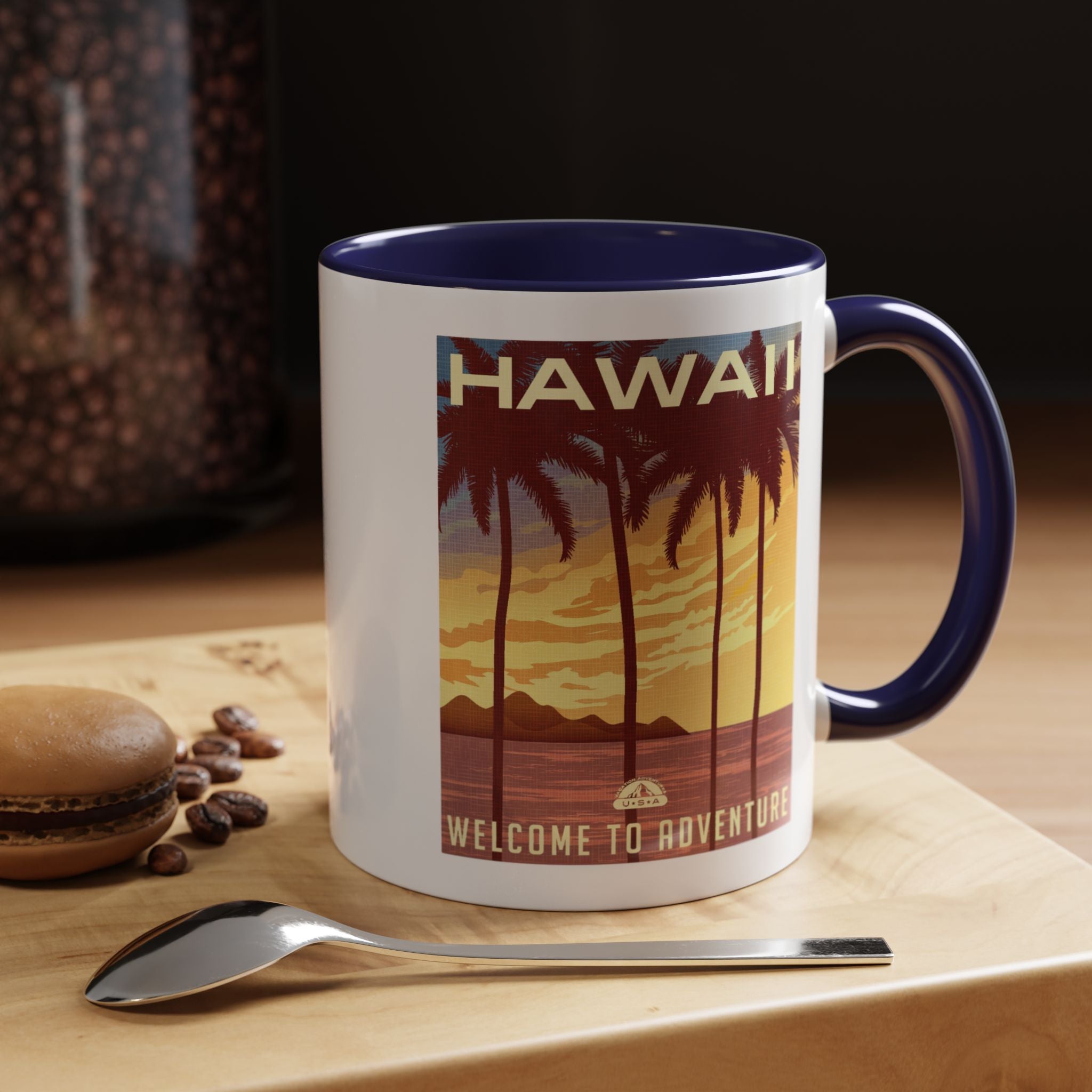 Hawaii Sunset Coffee Mug — "Welcome to Adventure" Tropical Travel Accent Mug