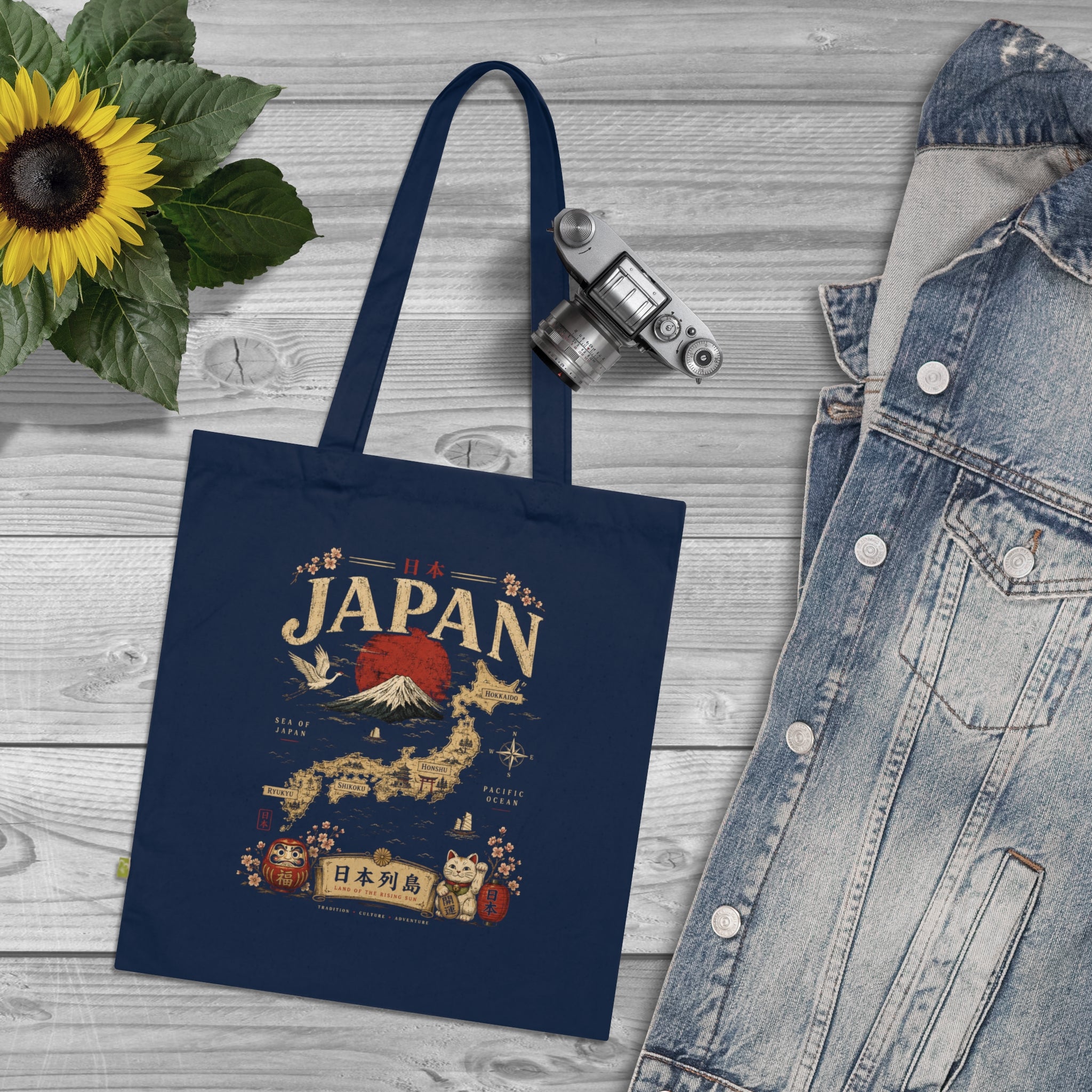 Japan Travel Tote Bag — Vintage Mount Fuji & Map Organic Cotton Tote