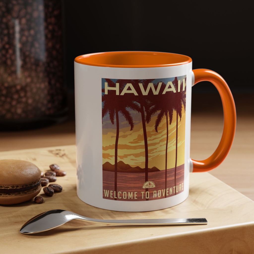 Hawaii Sunset Coffee Mug — "Welcome to Adventure" Tropical Travel Accent Mug