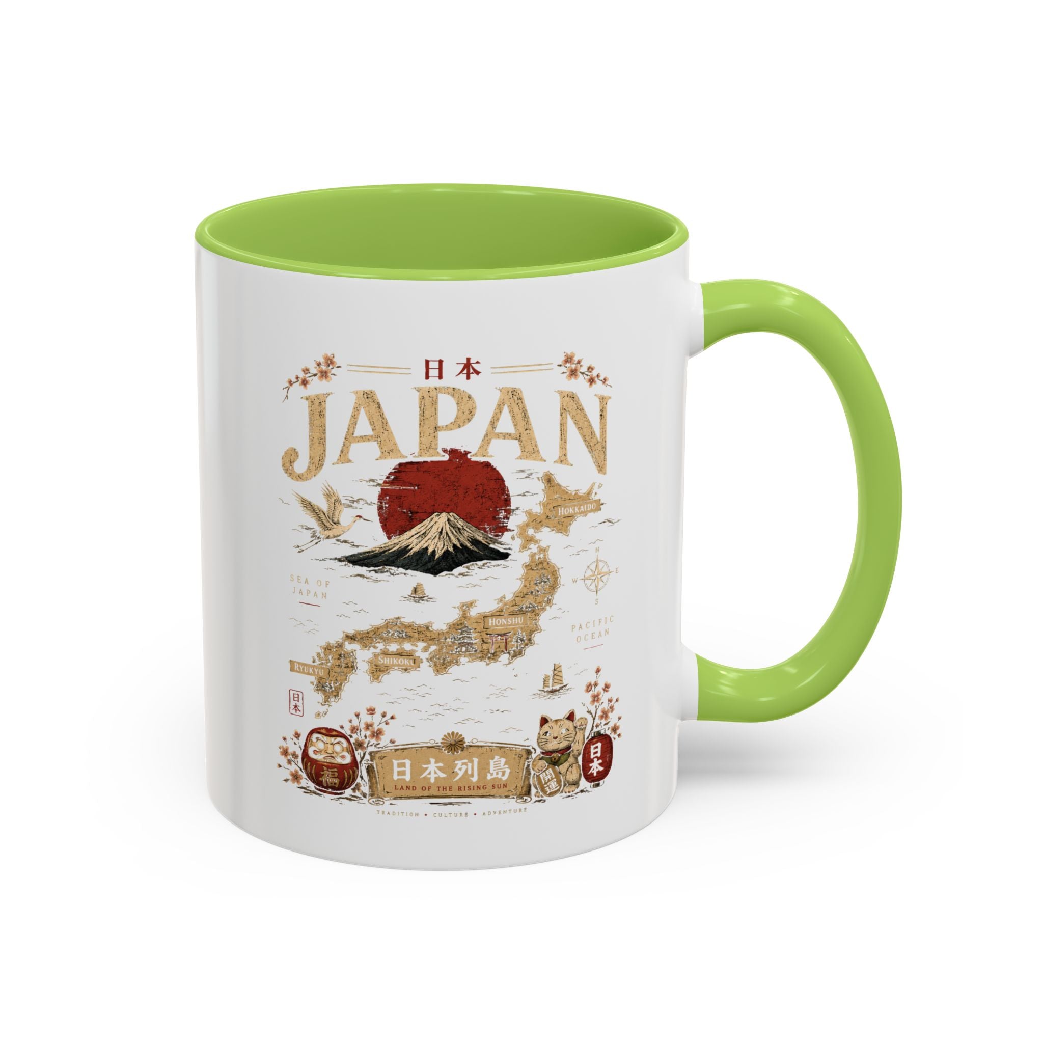 Japan Travel Map Coffee Mug — Mount Fuji Red Sun Accent Mug (11/15 oz)