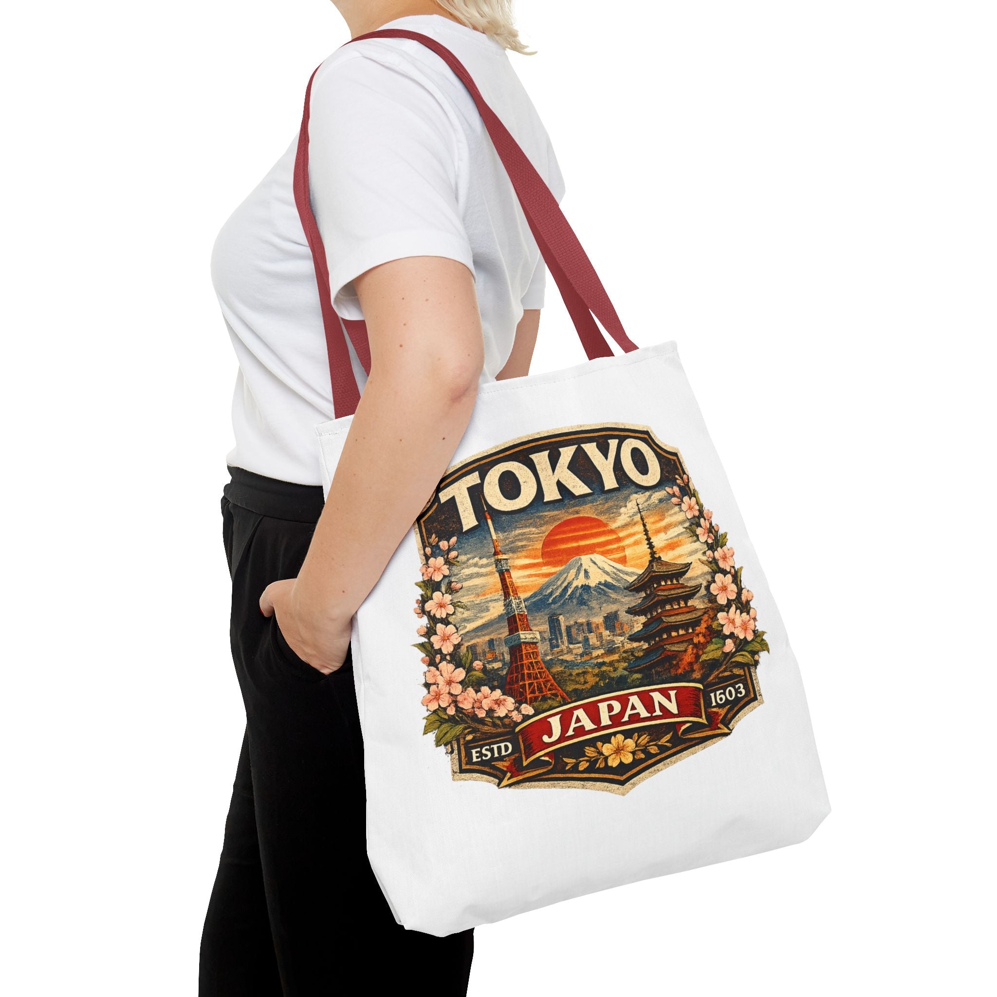 Tokyo Japan Scenic Tote Bag – Vintage Mount Fuji & Cherry Blossom Travel Tote