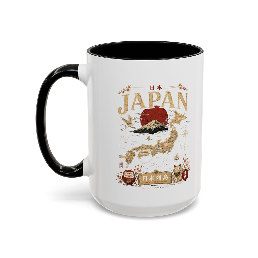 Japan Travel Map Coffee Mug — Mount Fuji Red Sun Accent Mug (11/15 oz)