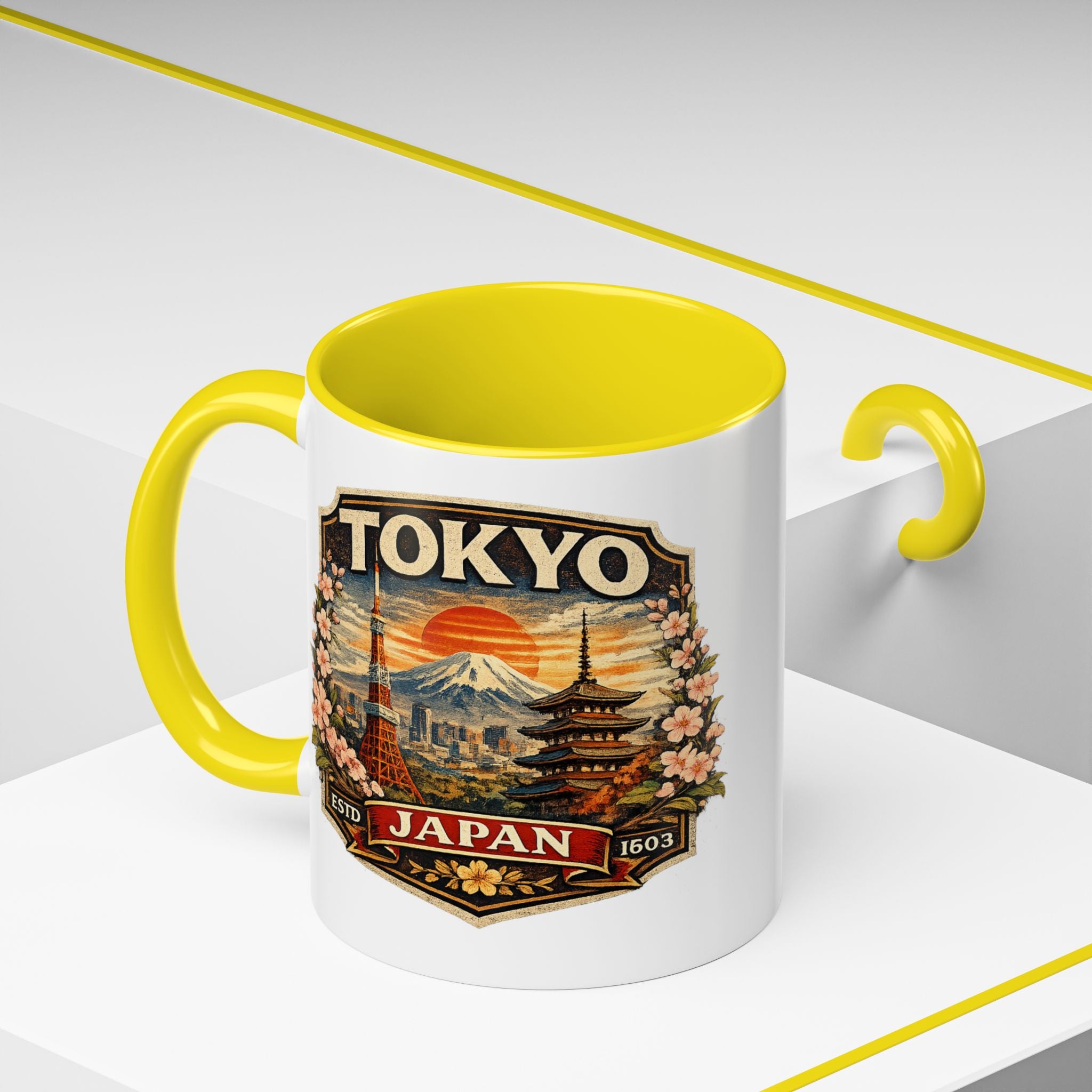 Tokyo Japan Accent Coffee Mug – Vintage Mount Fuji & Sakura Travel Souvenir (11/15oz)