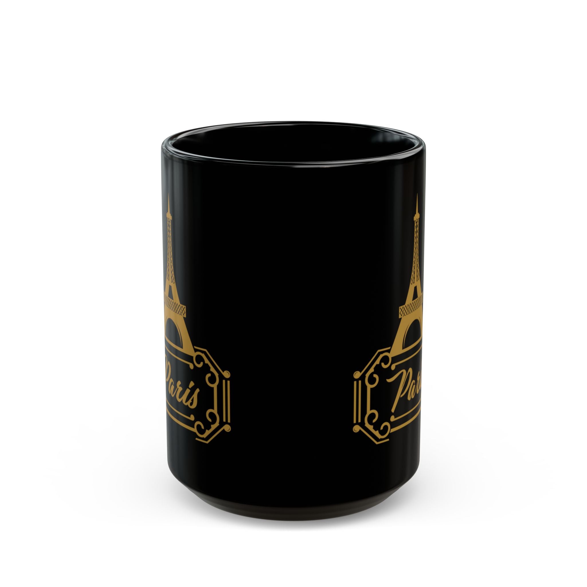 Paris Eiffel Tower Black Coffee Mug — Gold Retro Travel Logo (11oz, 15oz)