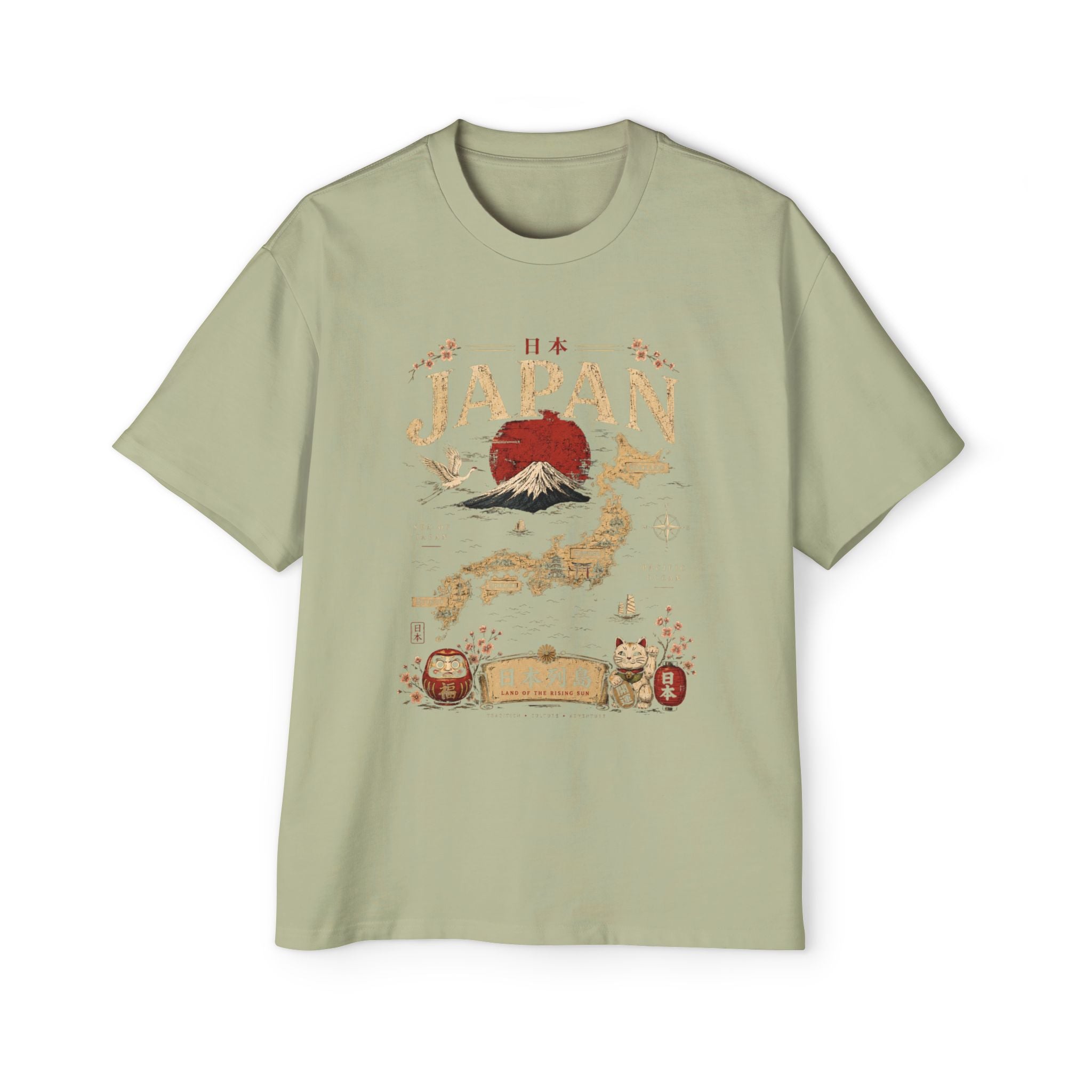 Japan Map Tee — Mount Fuji, Rising Sun & Lucky Cat Graphic T-Shirt