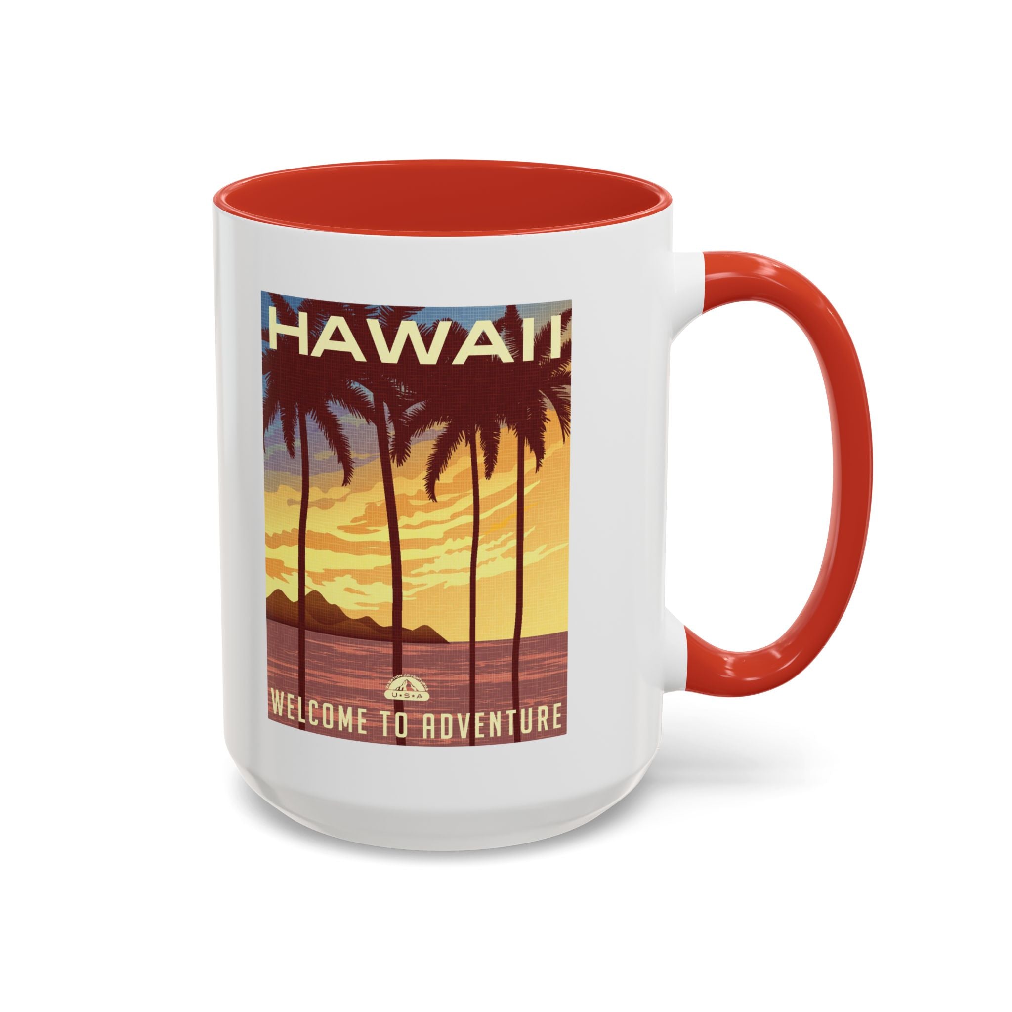 Hawaii Sunset Coffee Mug — "Welcome to Adventure" Tropical Travel Accent Mug