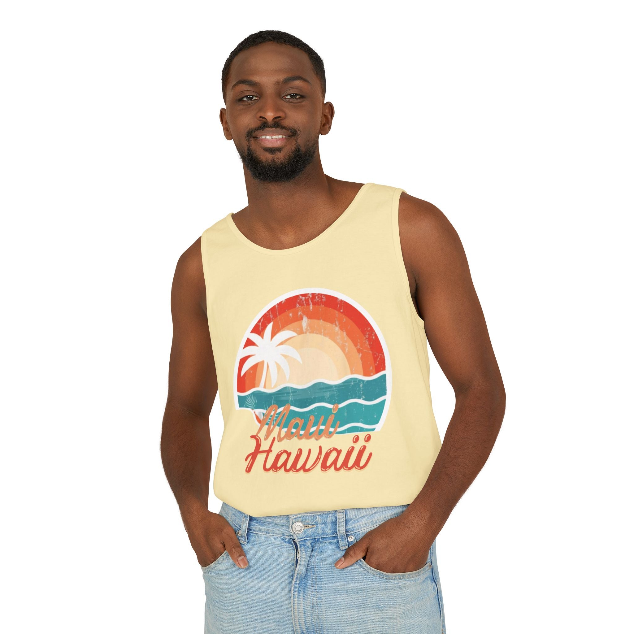 Maui Hawaii Retro Sunset Tank Top — Vintage Palm Beach Vacation Tee