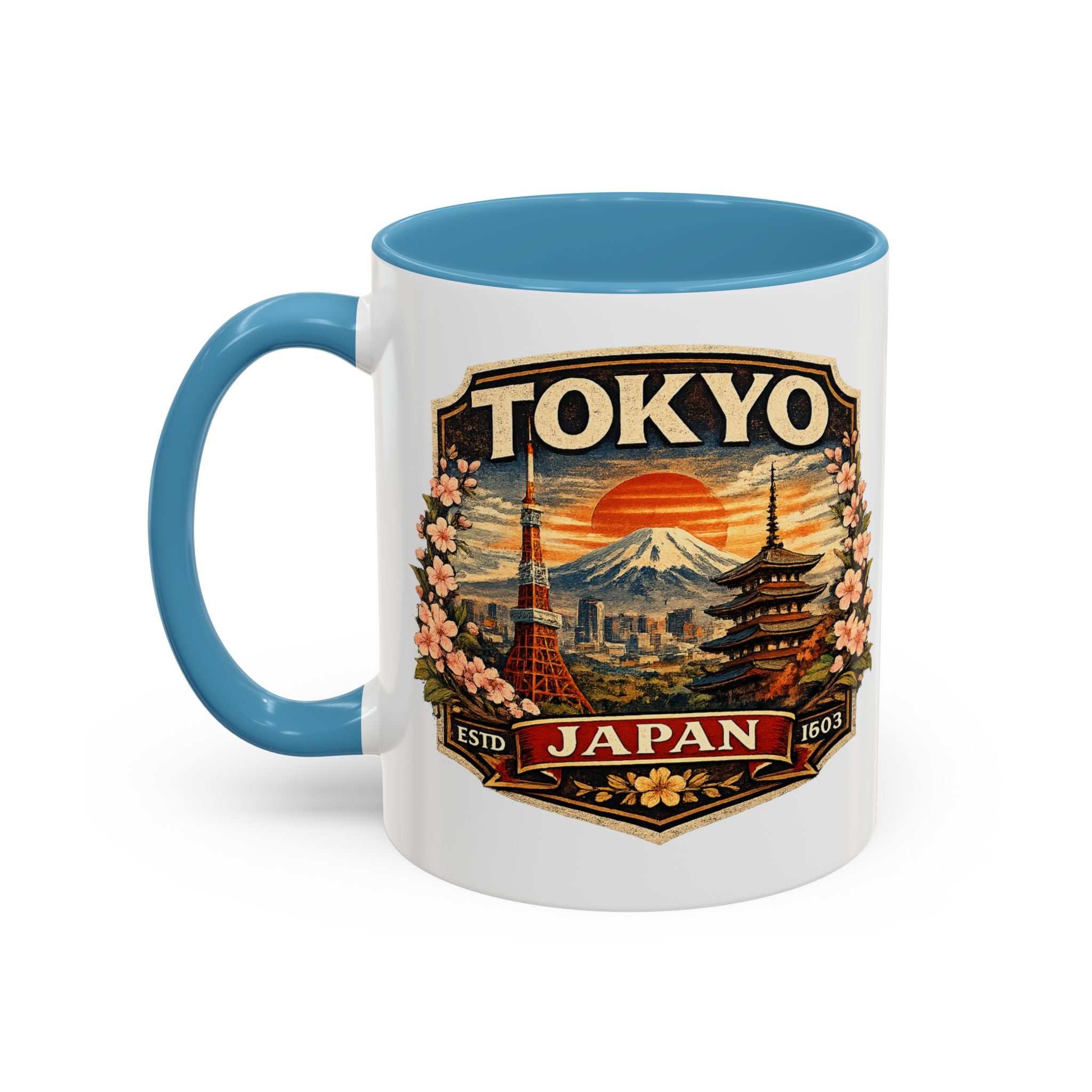 Tokyo Japan Accent Coffee Mug – Vintage Mount Fuji & Sakura Travel Souvenir (11/15oz)