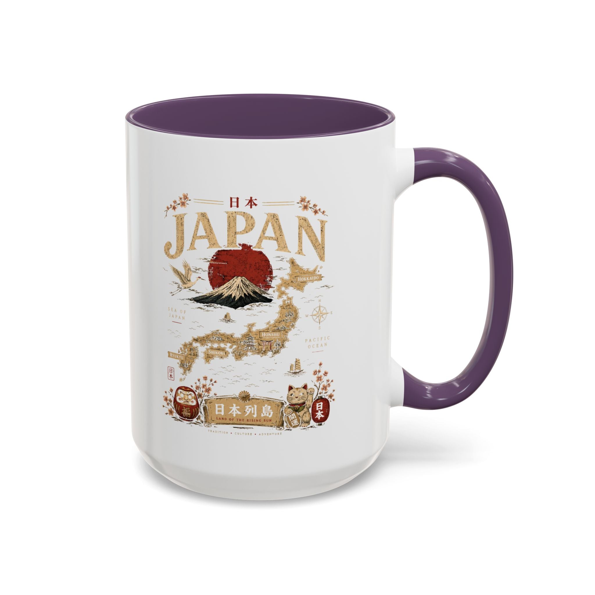 Japan Travel Map Coffee Mug — Mount Fuji Red Sun Accent Mug (11/15 oz)