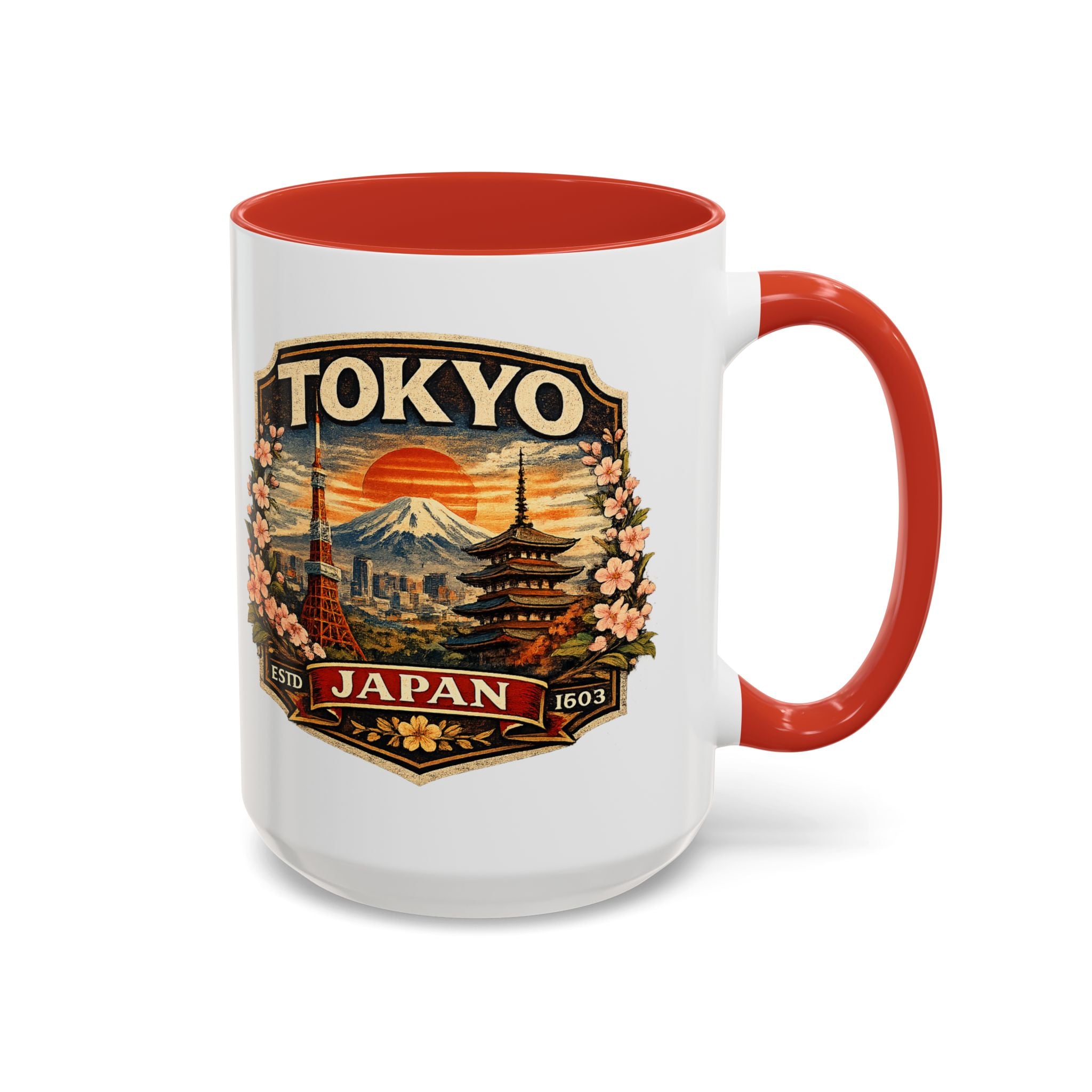 Tokyo Japan Accent Coffee Mug – Vintage Mount Fuji & Sakura Travel Souvenir (11/15oz)