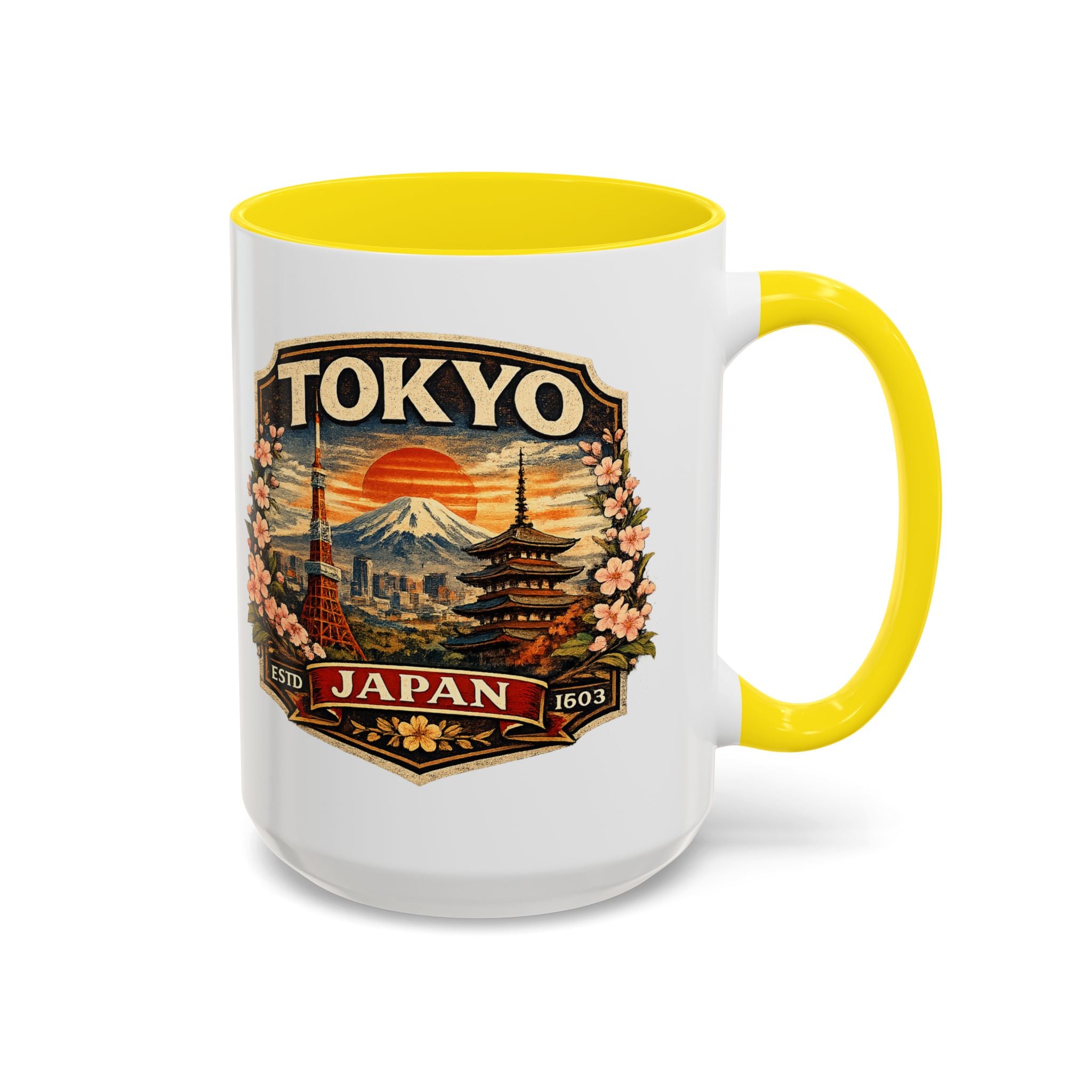 Tokyo Japan Accent Coffee Mug – Vintage Mount Fuji & Sakura Travel Souvenir (11/15oz)