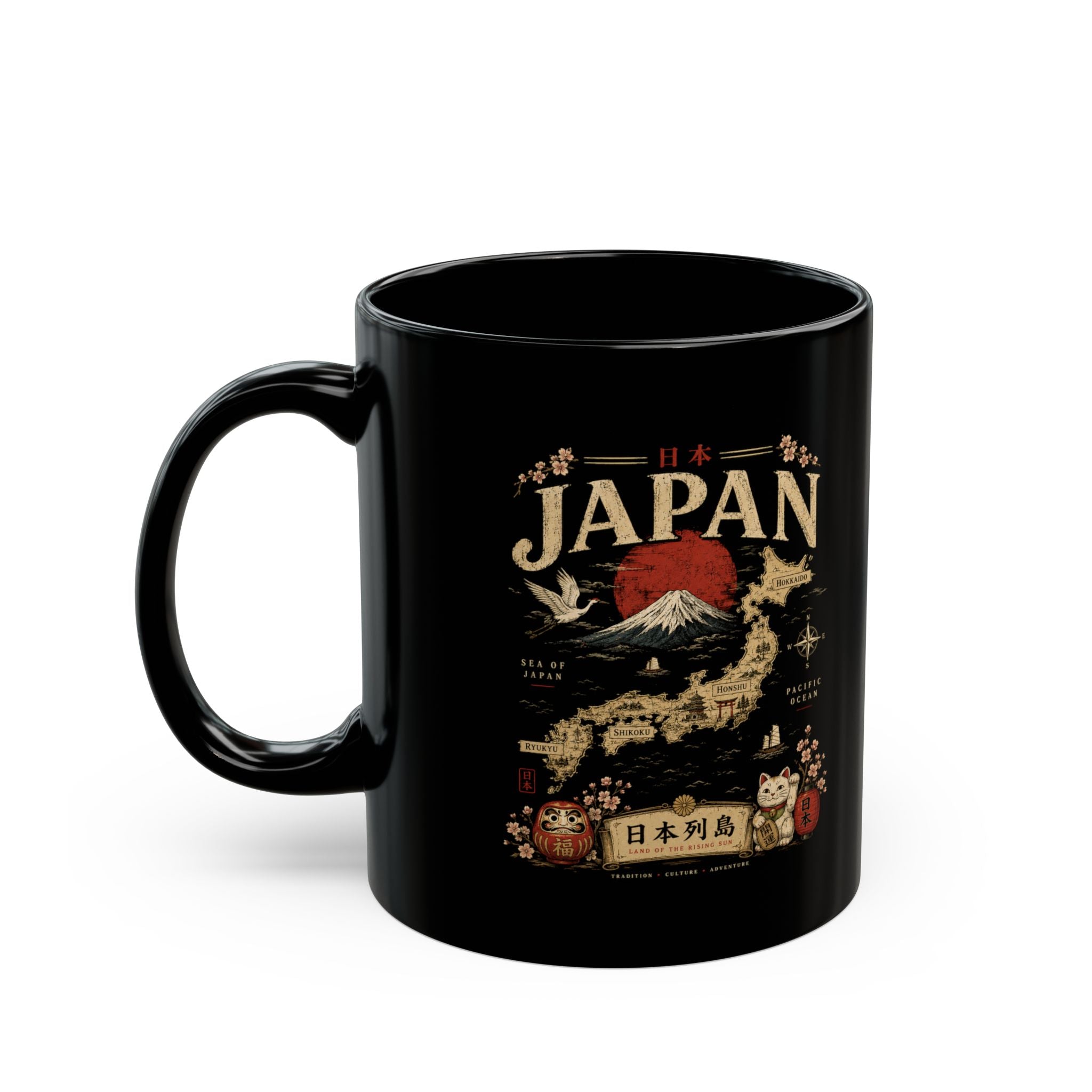 Japan Travel Ceramic Mug — Mount Fuji, Cherry Blossoms & Lucky Cat Design (11oz/15oz)