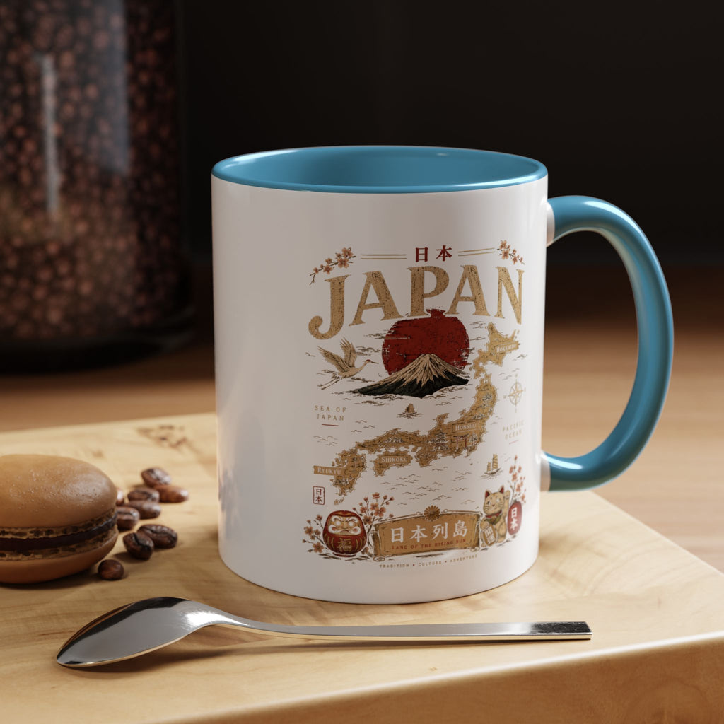 Japan Travel Map Coffee Mug — Mount Fuji Red Sun Accent Mug (11/15 oz)