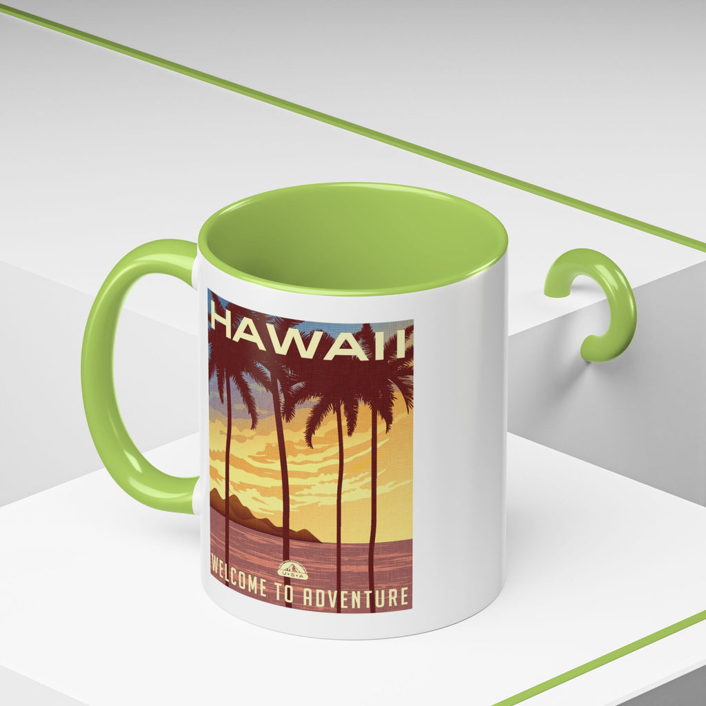 Hawaii Sunset Coffee Mug — "Welcome to Adventure" Tropical Travel Accent Mug