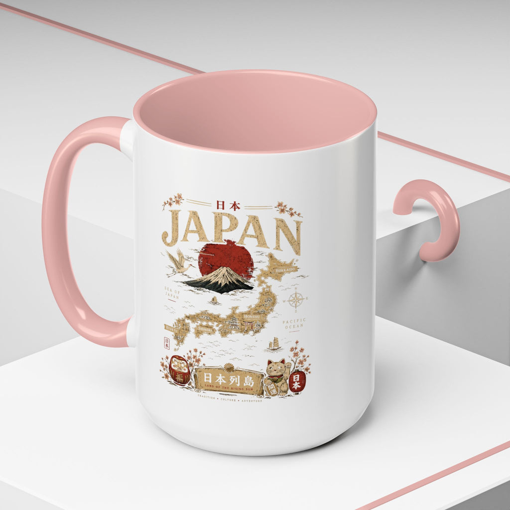 Japan Travel Map Coffee Mug — Mount Fuji Red Sun Accent Mug (11/15 oz)