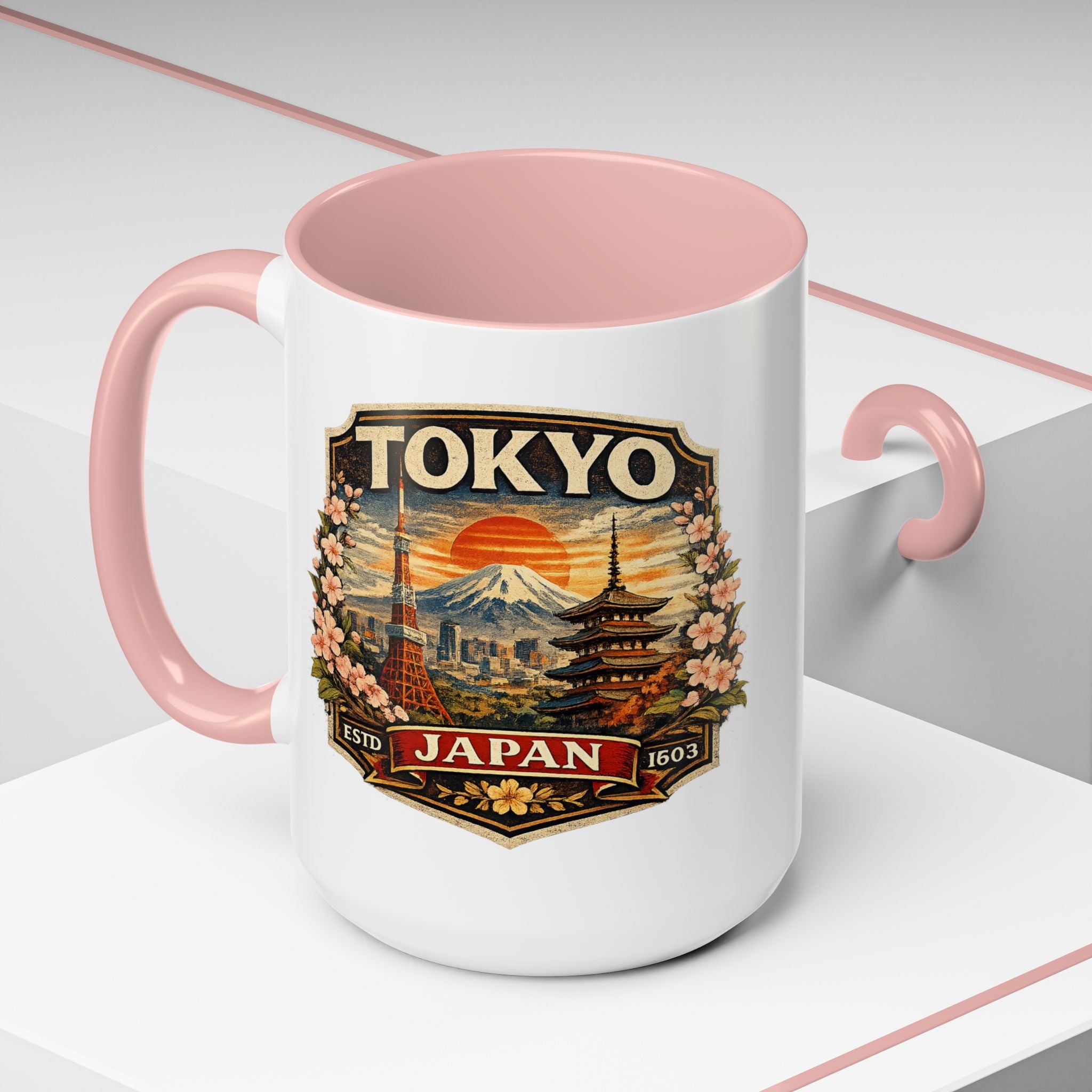 Tokyo Japan Accent Coffee Mug – Vintage Mount Fuji & Sakura Travel Souvenir (11/15oz)