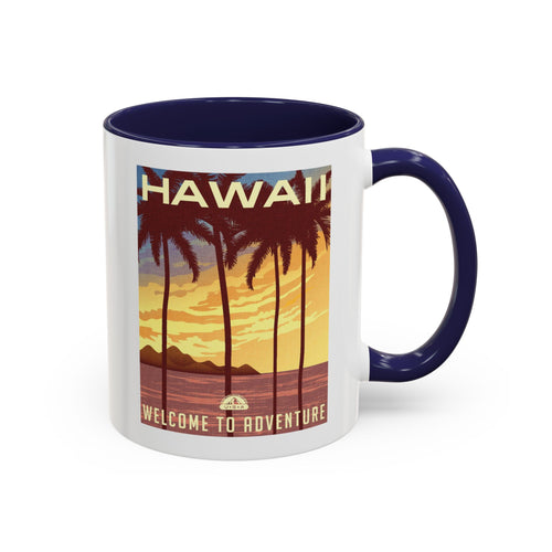 Hawaii Sunset Coffee Mug — "Welcome to Adventure" Tropical Travel Accent Mug