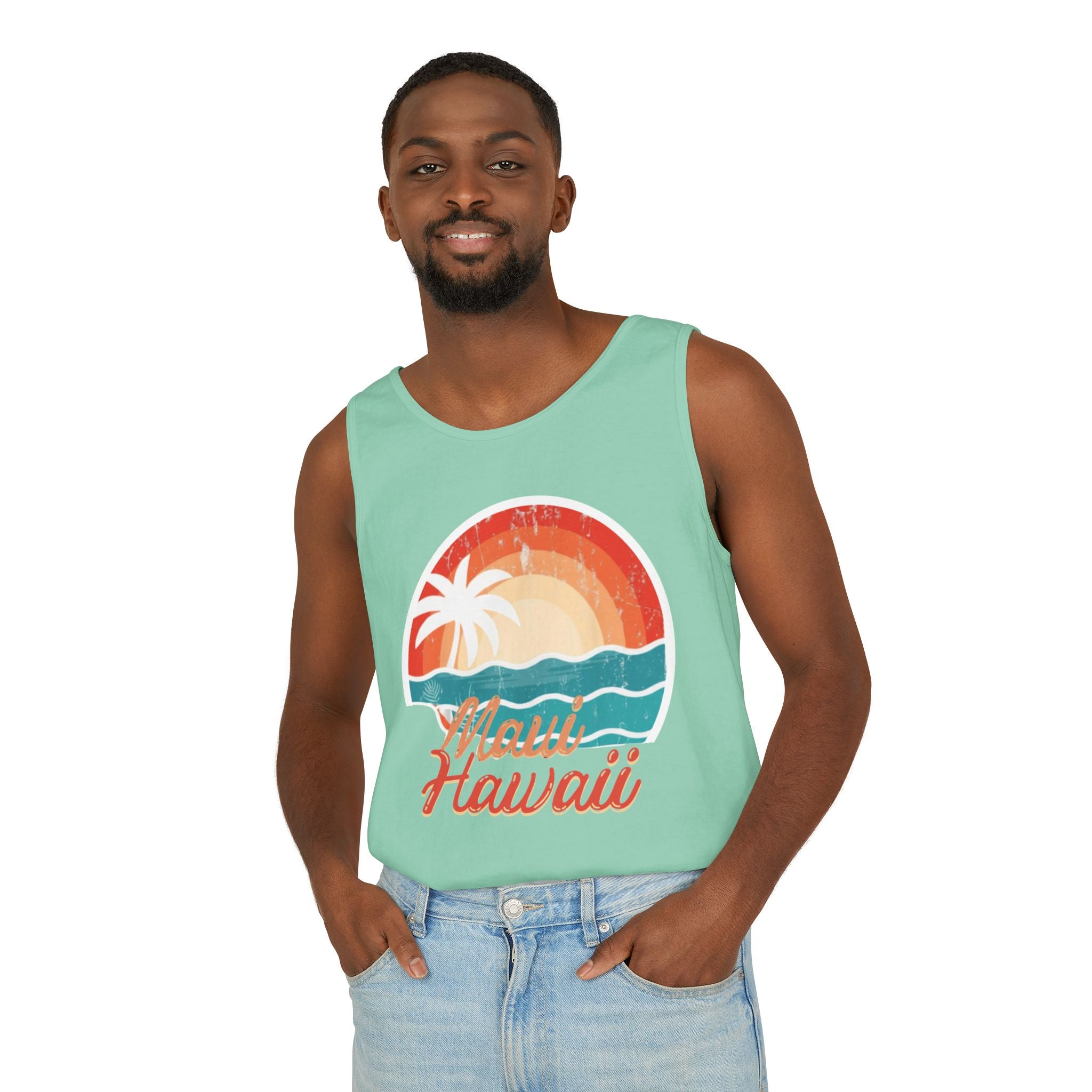 Maui Hawaii Retro Sunset Tank Top — Vintage Palm Beach Vacation Tee