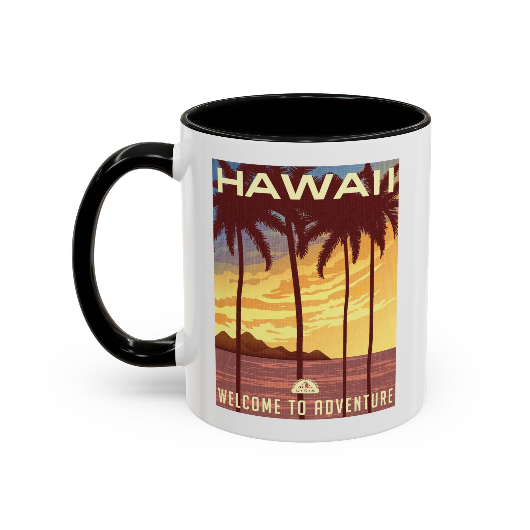 Hawaii Sunset Coffee Mug — "Welcome to Adventure" Tropical Travel Accent Mug