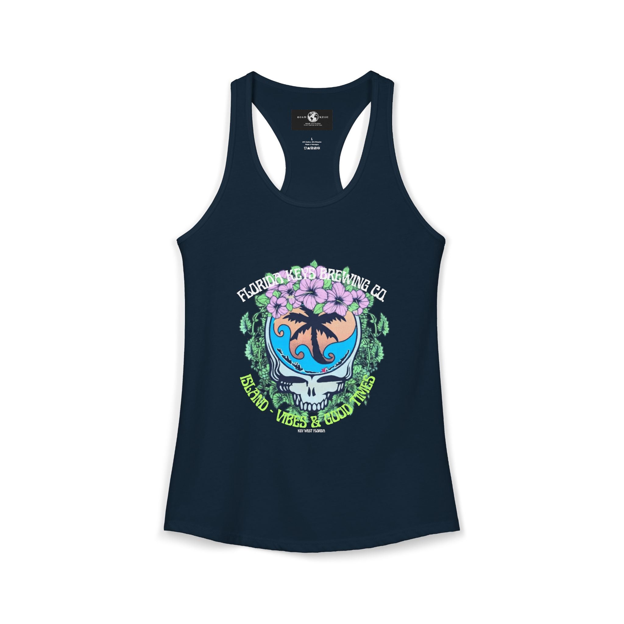 Island Vibes & Good Times Racerback Tank — Tropical Skull Graphic