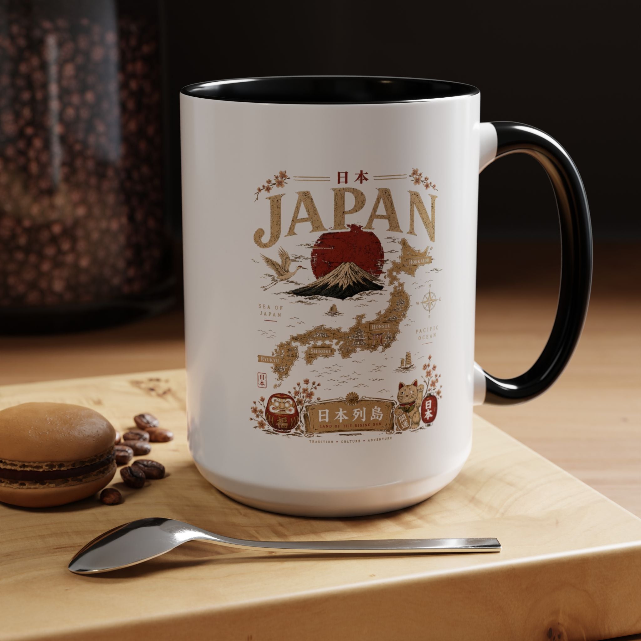 Japan Travel Map Coffee Mug — Mount Fuji Red Sun Accent Mug (11/15 oz)