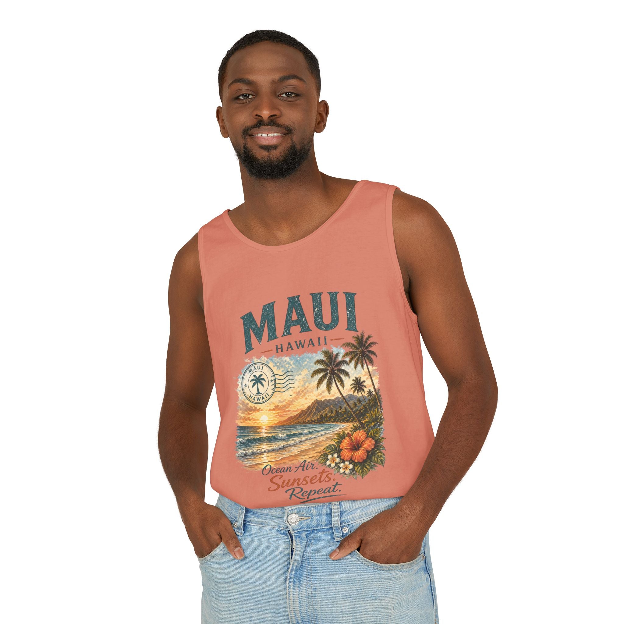 Maui Hawaii Tank Top — Ocean Air Sunsets Repeat Beach Graphic