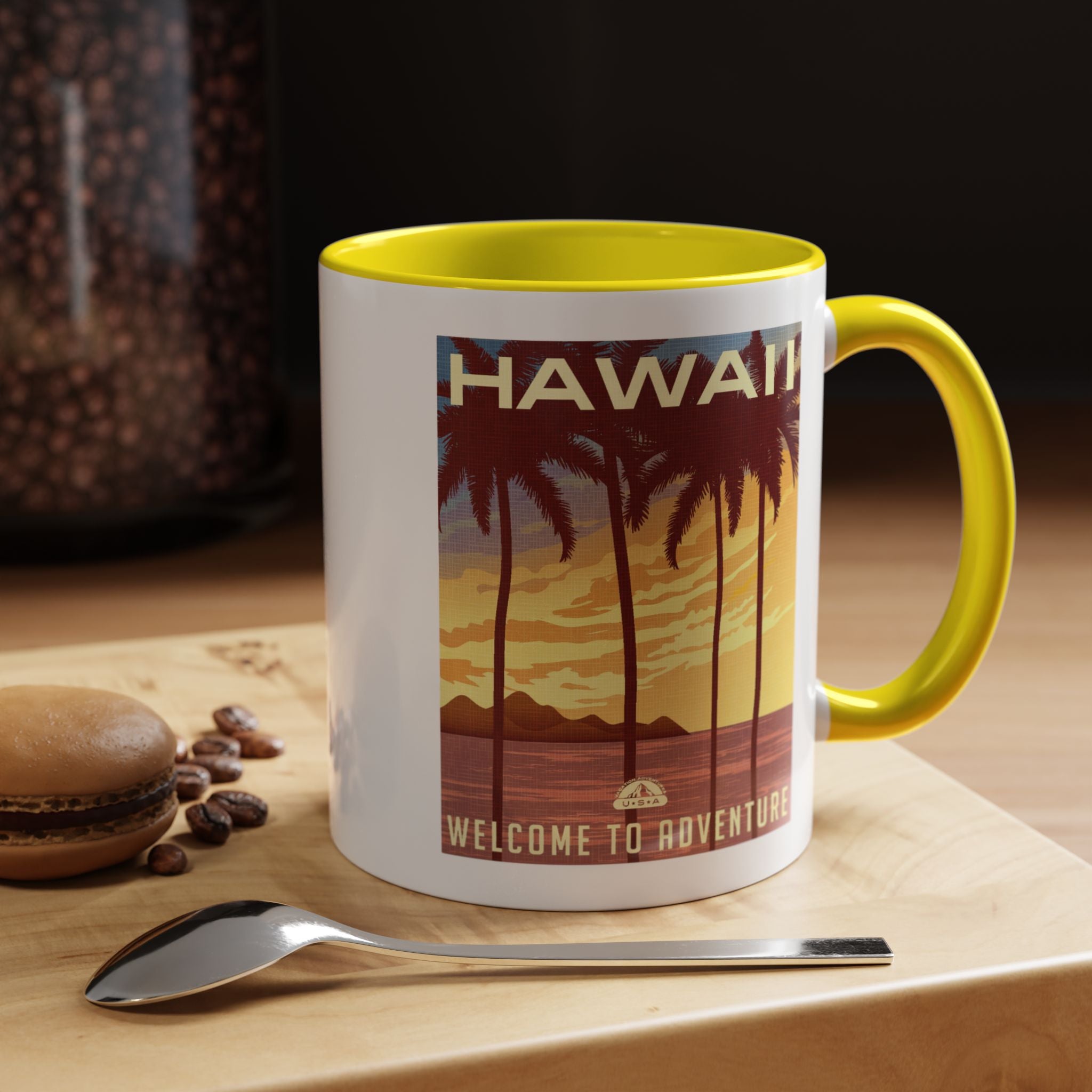 Hawaii Sunset Coffee Mug — "Welcome to Adventure" Tropical Travel Accent Mug