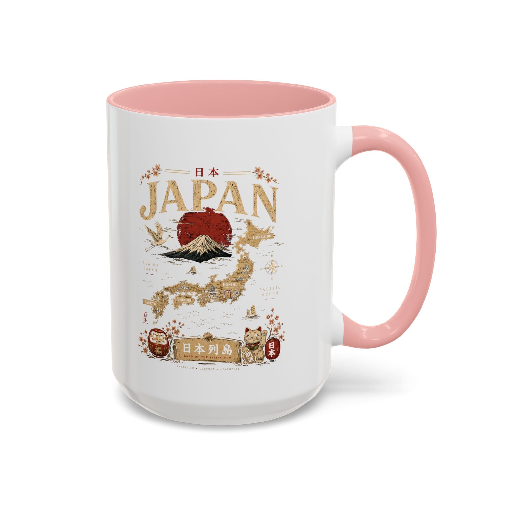 Japan Travel Map Coffee Mug — Mount Fuji Red Sun Accent Mug (11/15 oz)