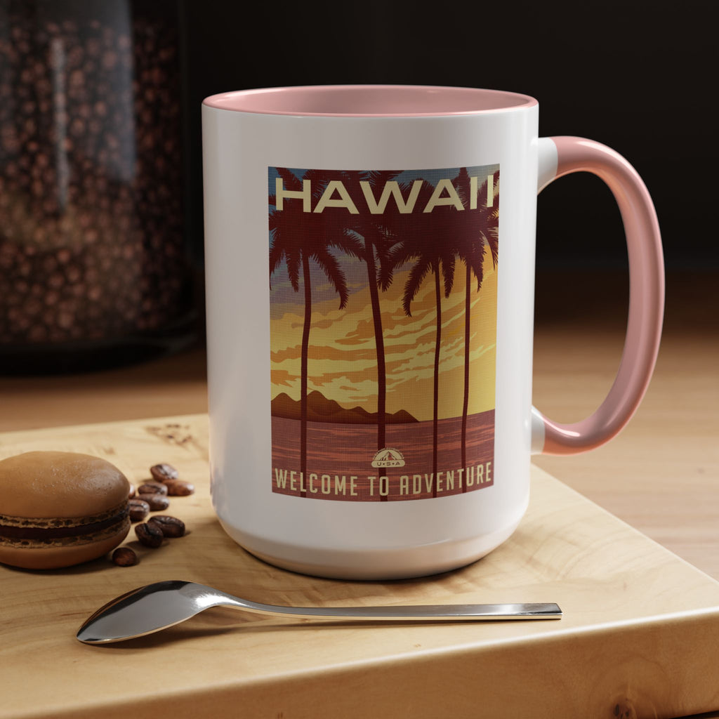 Hawaii Sunset Coffee Mug — "Welcome to Adventure" Tropical Travel Accent Mug