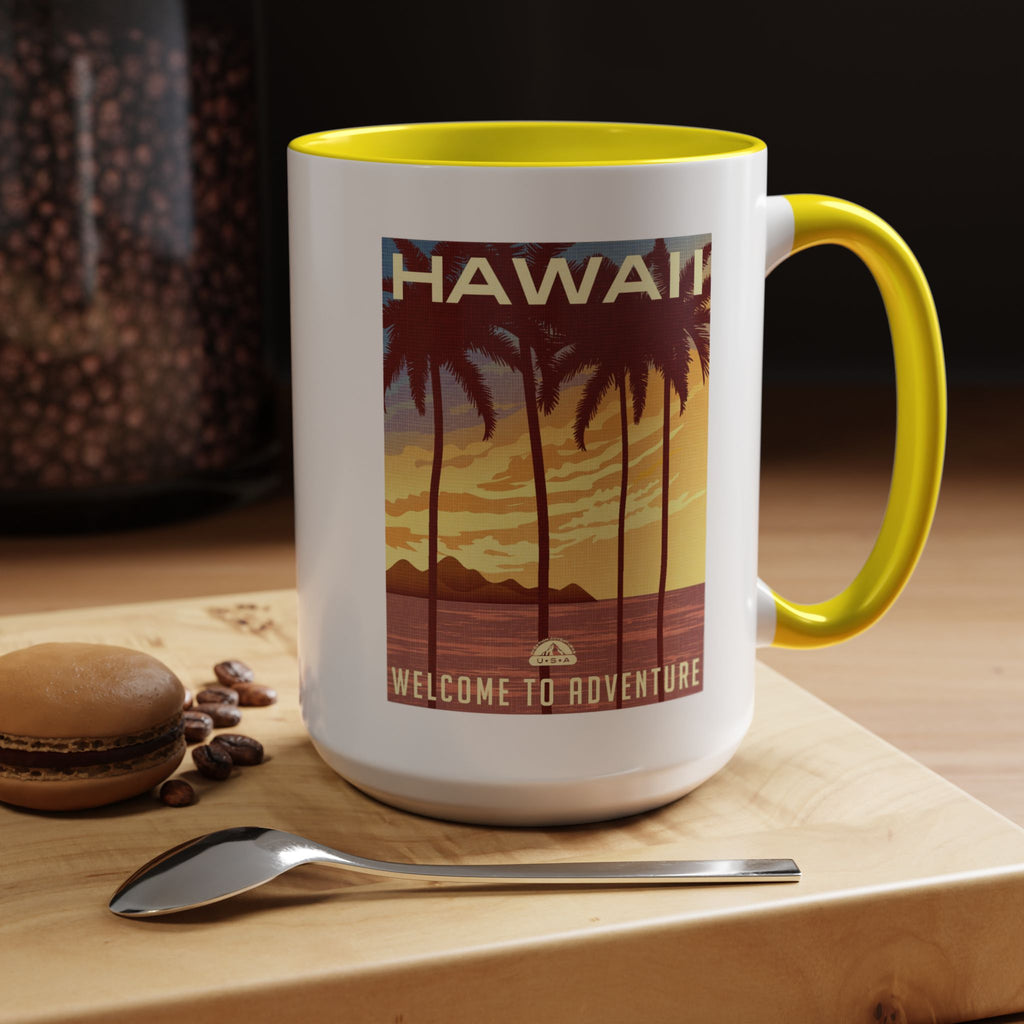 Hawaii Sunset Coffee Mug — "Welcome to Adventure" Tropical Travel Accent Mug