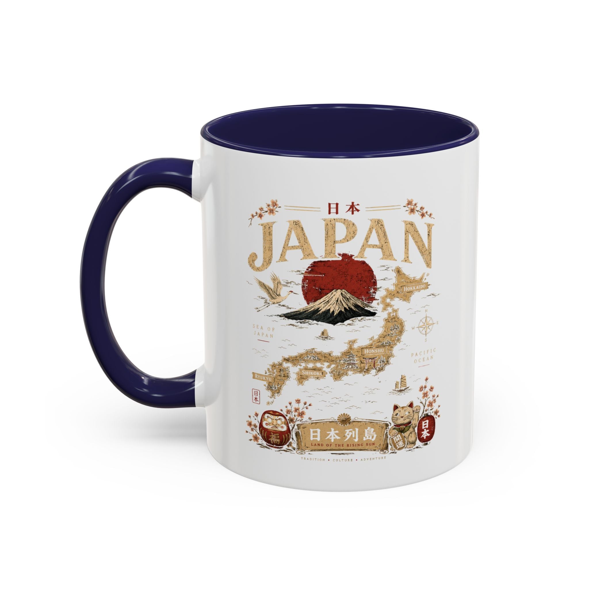 Japan Travel Map Coffee Mug — Mount Fuji Red Sun Accent Mug (11/15 oz)