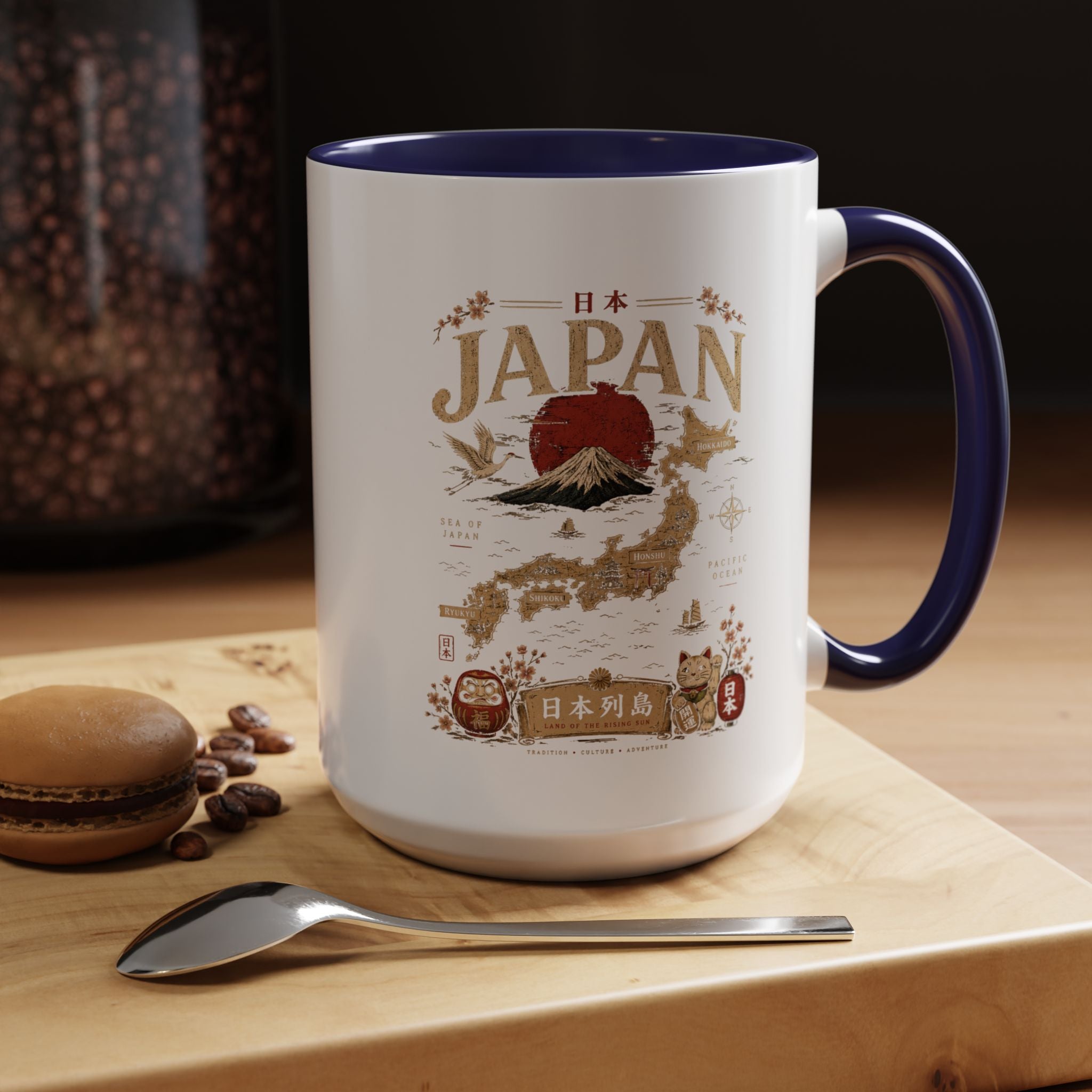 Japan Travel Map Coffee Mug — Mount Fuji Red Sun Accent Mug (11/15 oz)