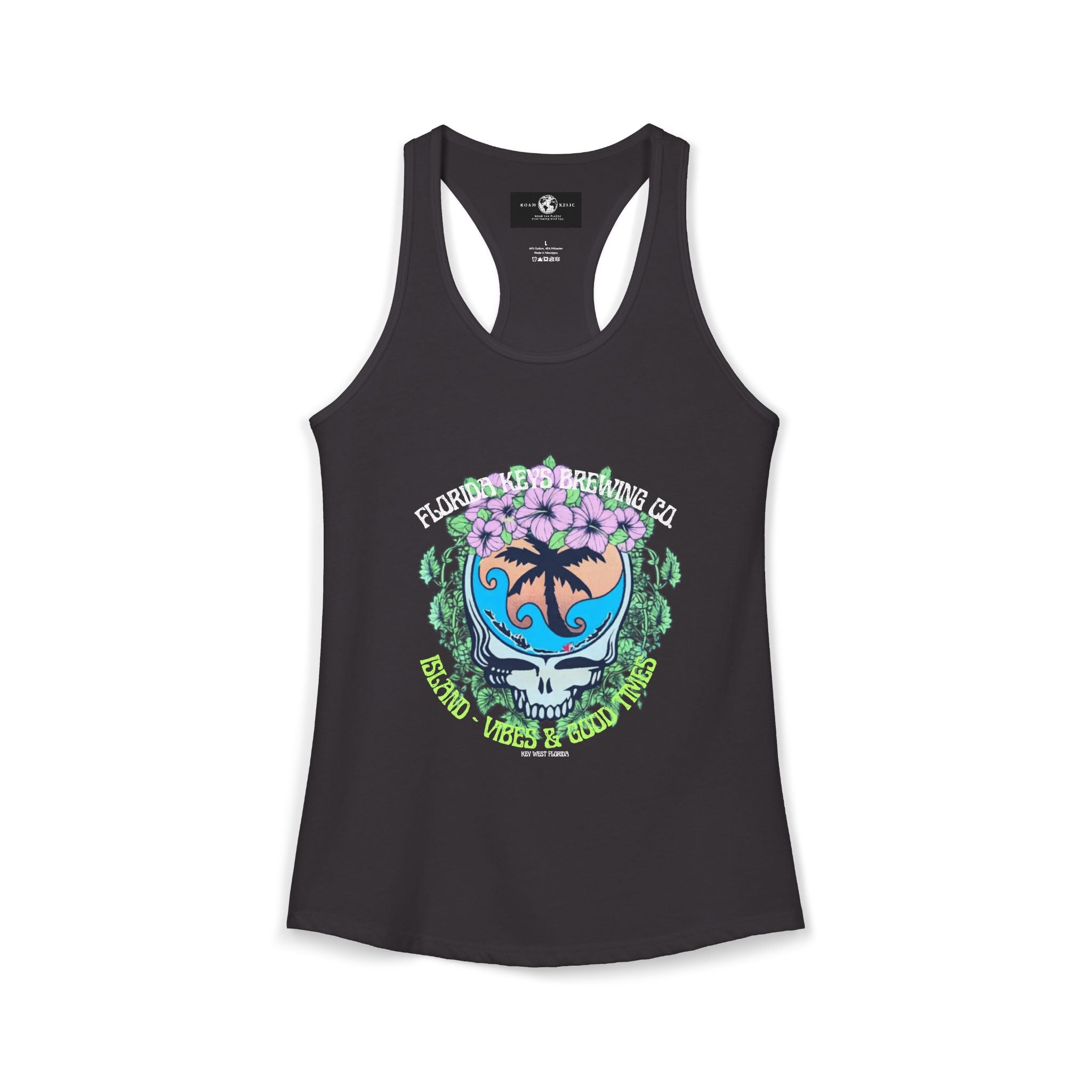 Island Vibes & Good Times Racerback Tank — Tropical Skull Graphic