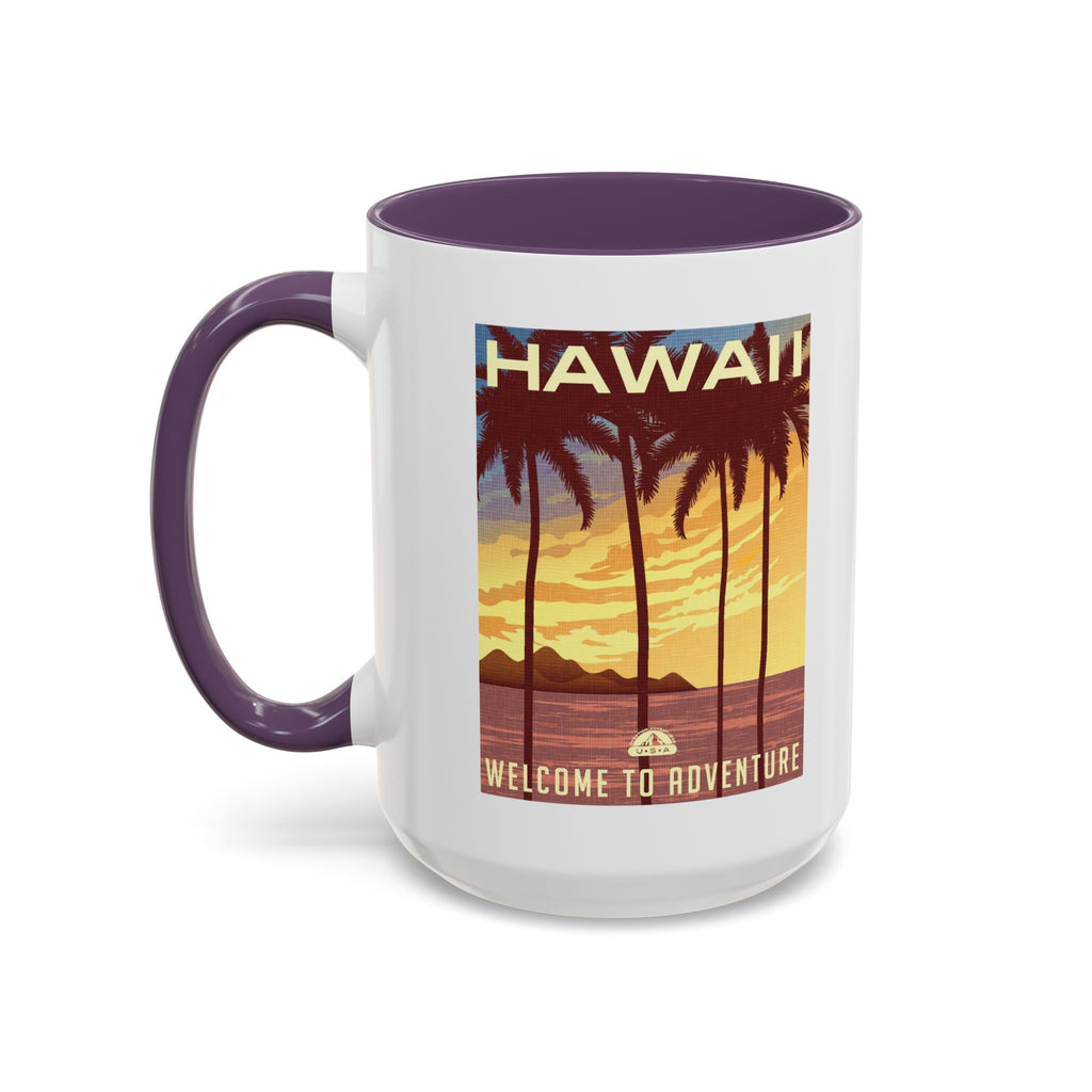 Hawaii Sunset Coffee Mug — "Welcome to Adventure" Tropical Travel Accent Mug