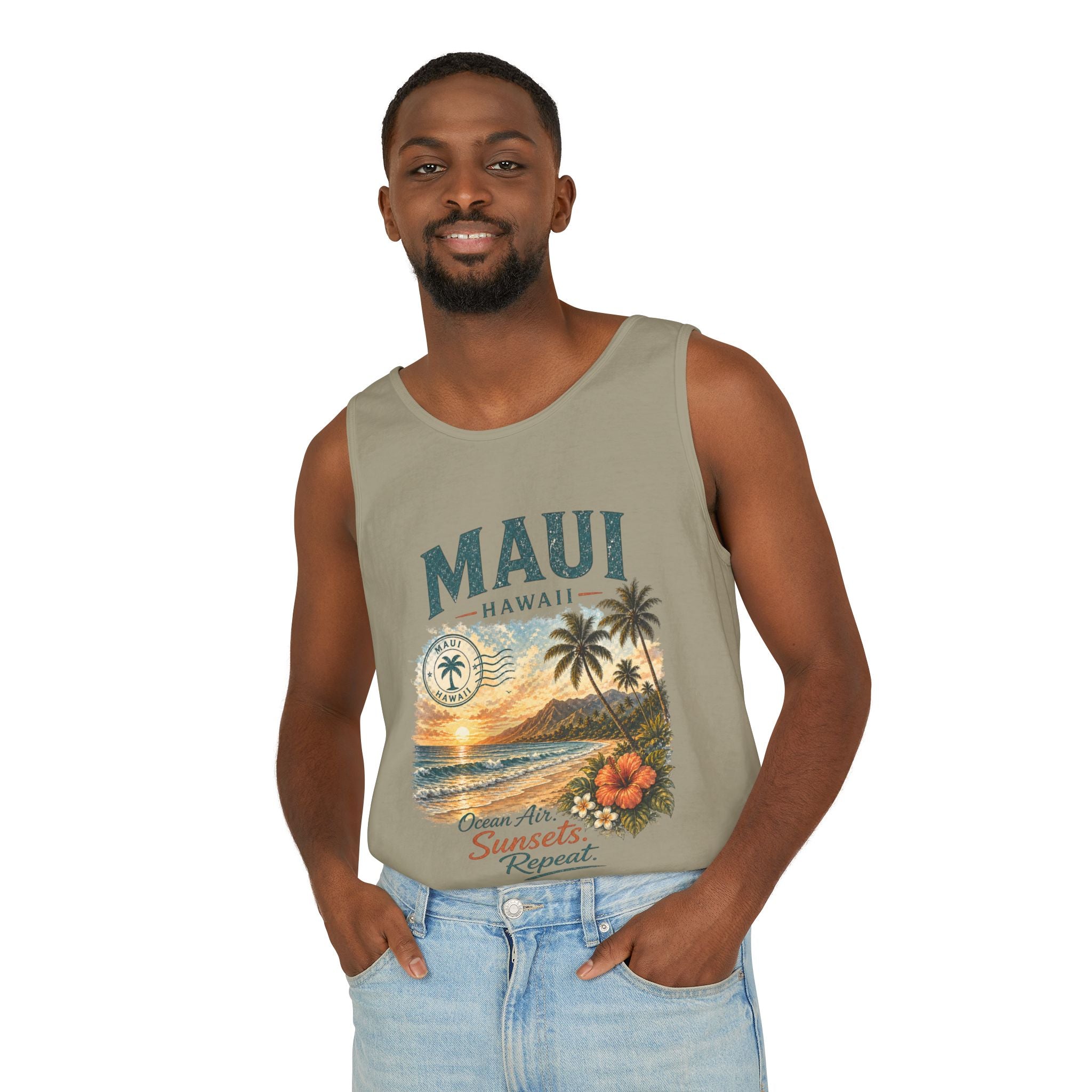 Maui Hawaii Tank Top — Ocean Air Sunsets Repeat Beach Graphic