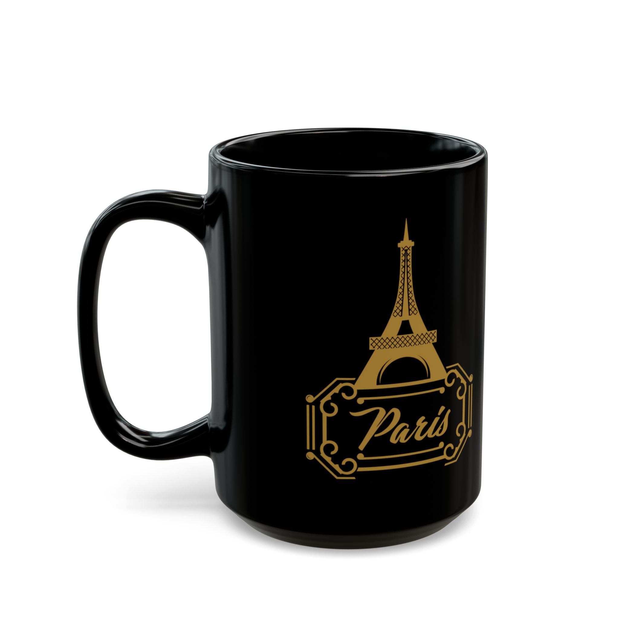 Paris Eiffel Tower Black Coffee Mug — Gold Retro Travel Logo (11oz, 15oz)