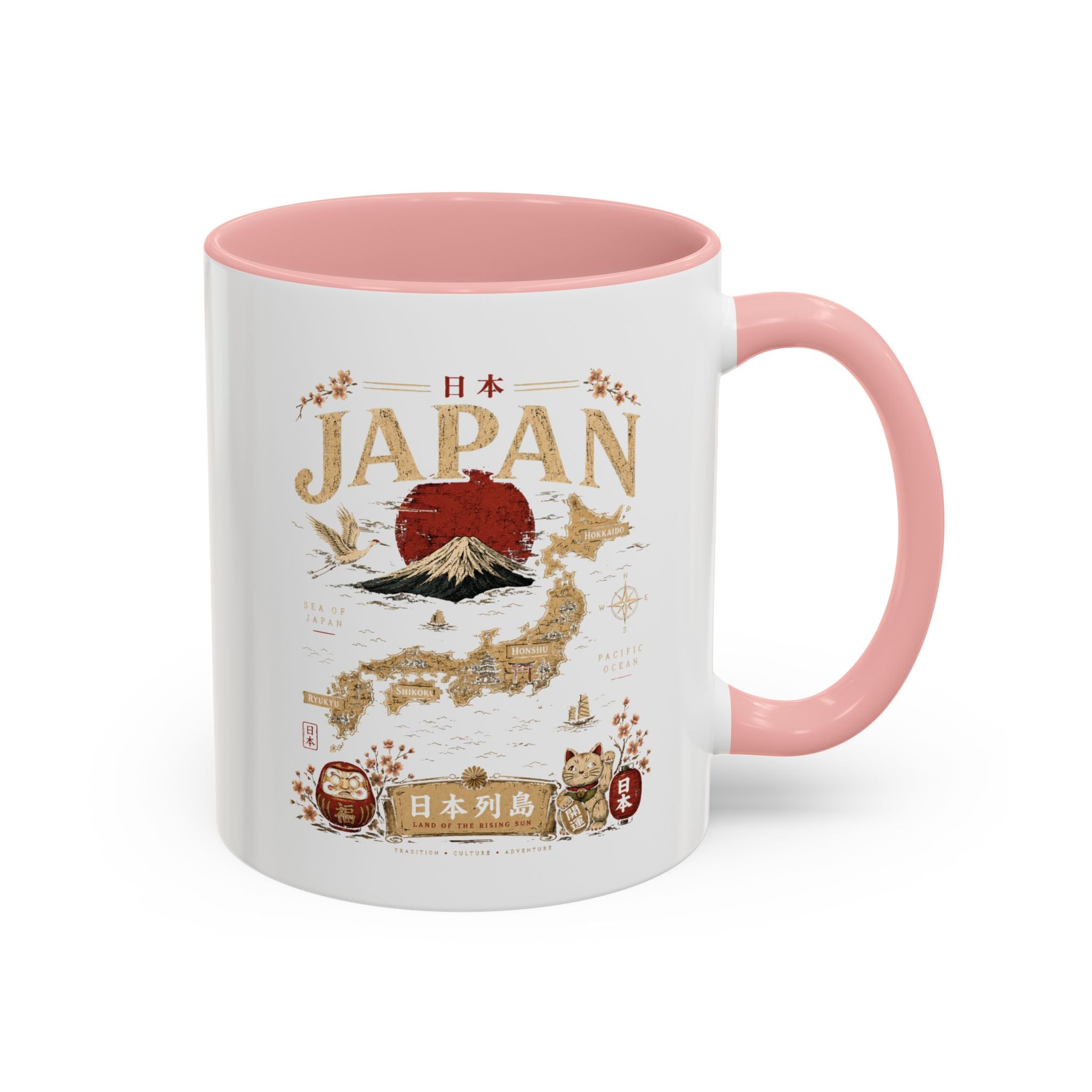 Japan Travel Map Coffee Mug — Mount Fuji Red Sun Accent Mug (11/15 oz)