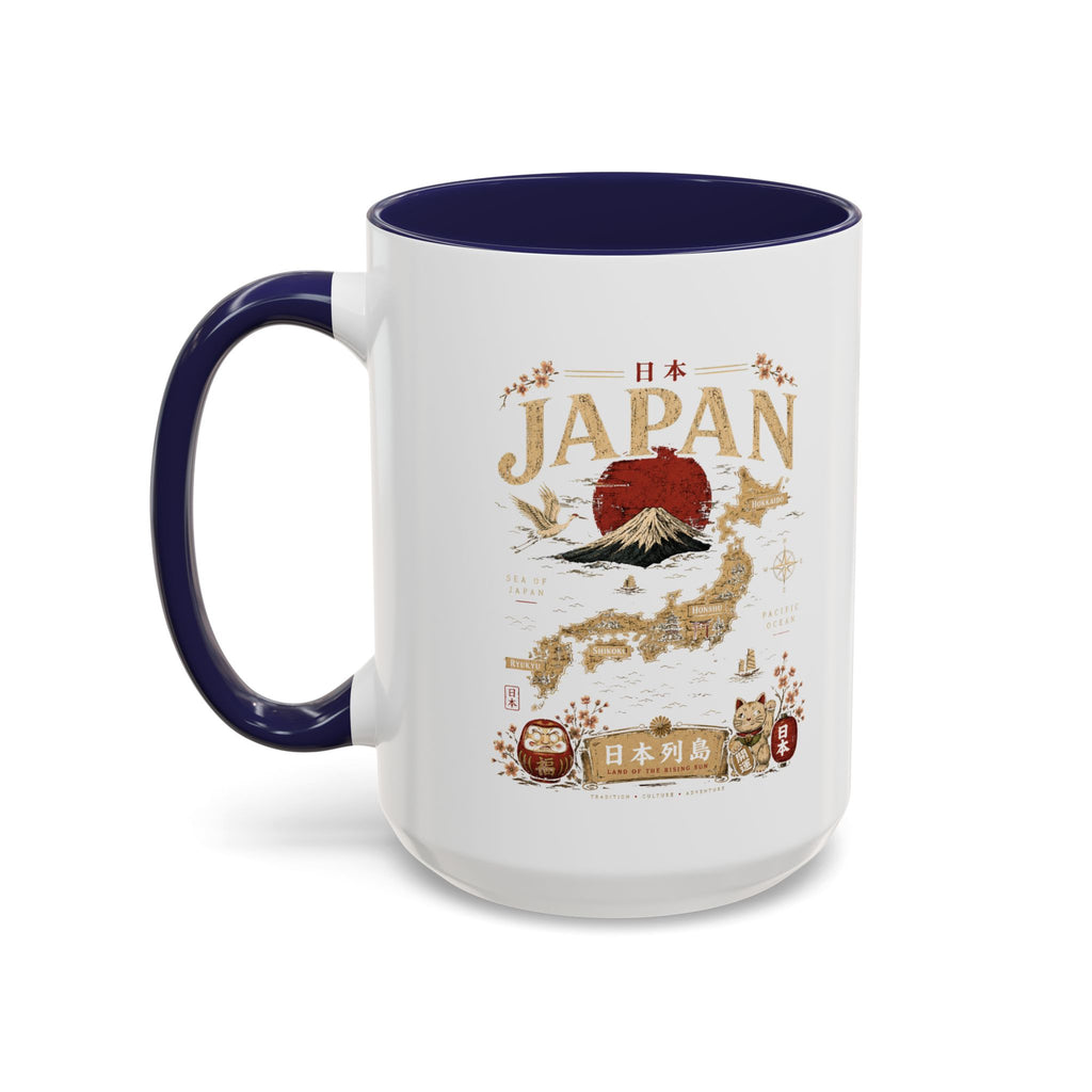 Japan Travel Map Coffee Mug — Mount Fuji Red Sun Accent Mug (11/15 oz)