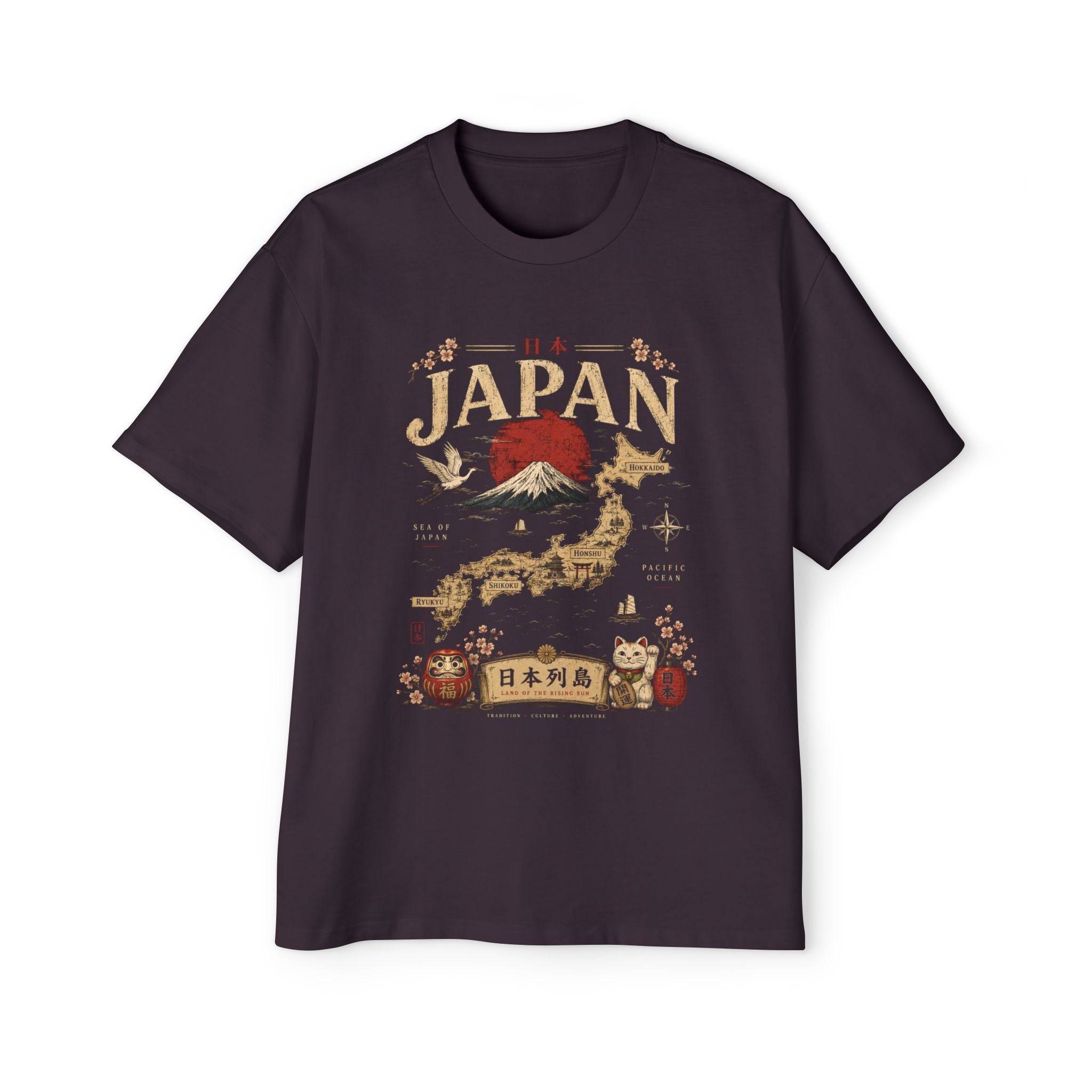 Japan Map Tee — Mount Fuji, Rising Sun & Lucky Cat Graphic T-Shirt