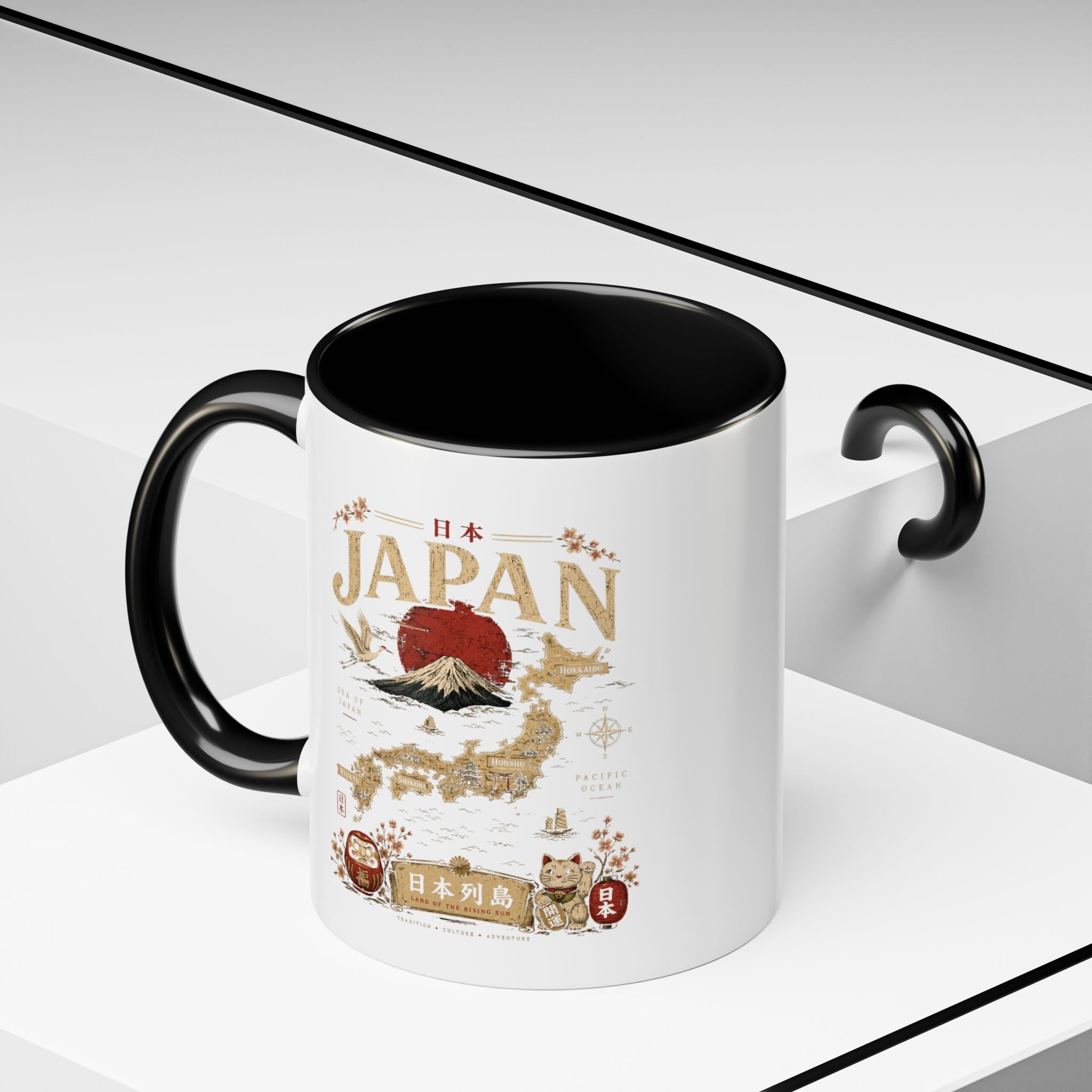 Japan Travel Map Coffee Mug — Mount Fuji Red Sun Accent Mug (11/15 oz)