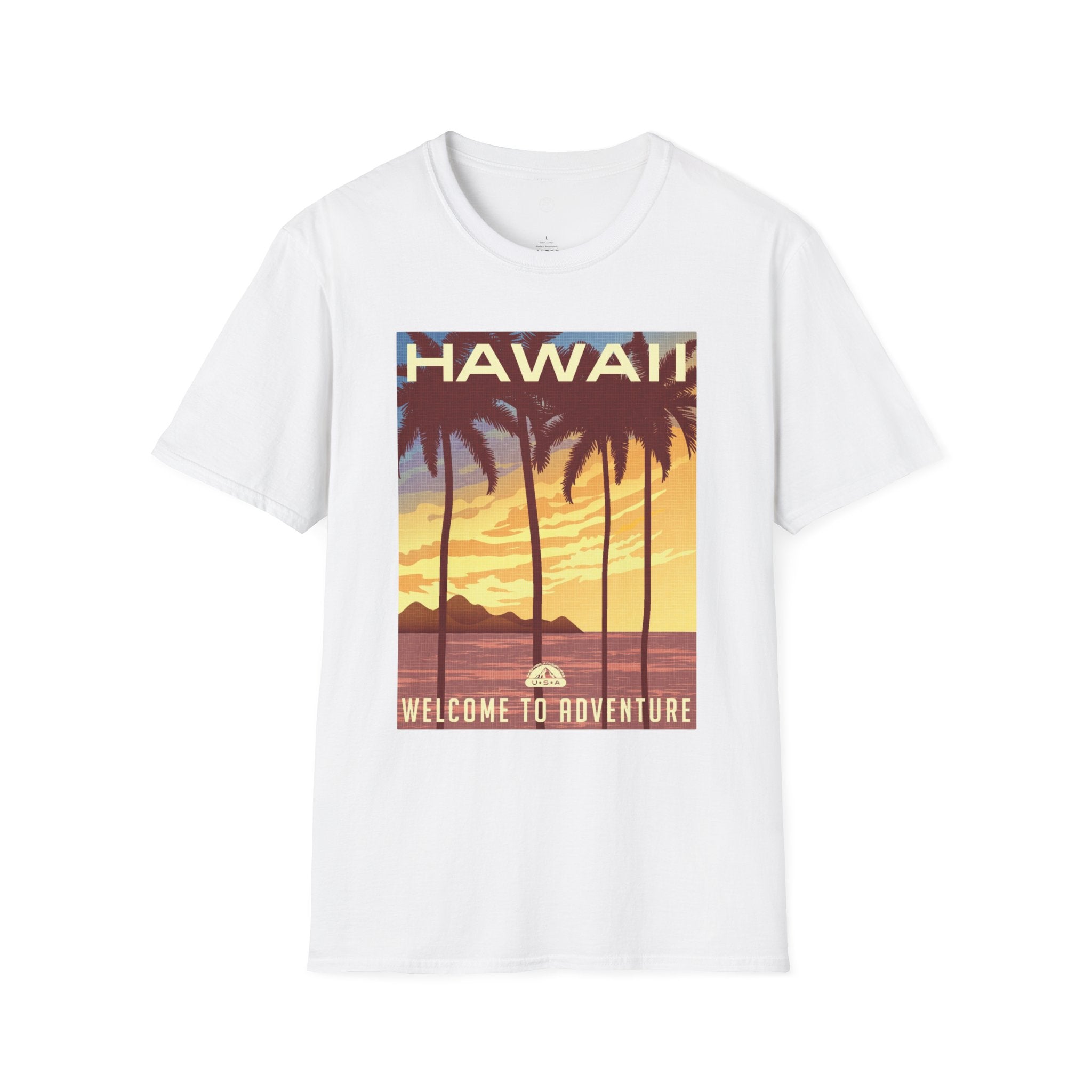 Hawaii Sunset T-Shirt — "Welcome to Adventure" Vintage Palm Beach Tee
