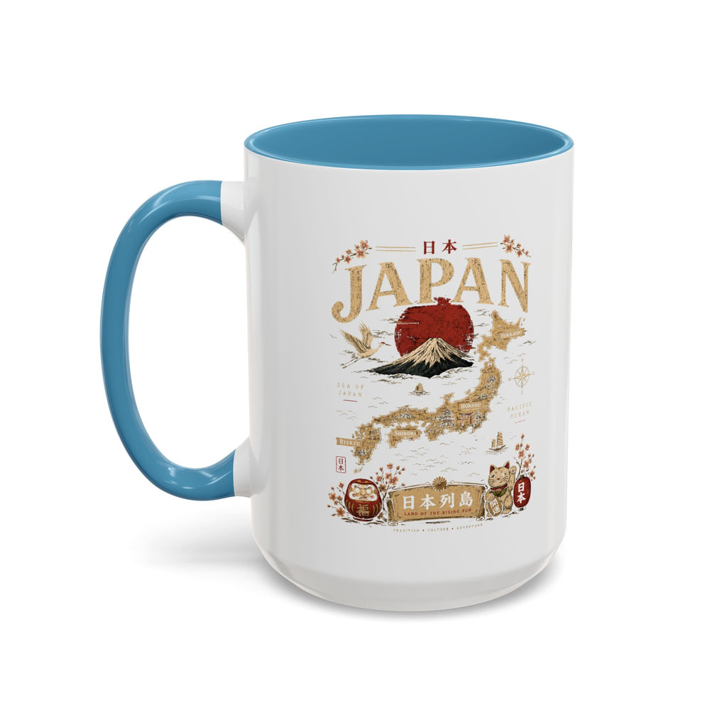 Japan Travel Map Coffee Mug — Mount Fuji Red Sun Accent Mug (11/15 oz)