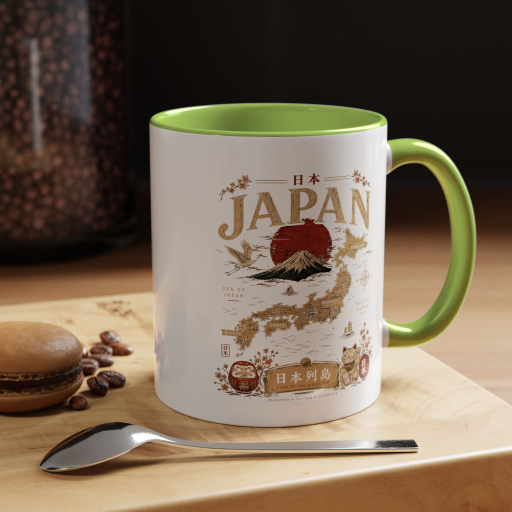 Japan Travel Map Coffee Mug — Mount Fuji Red Sun Accent Mug (11/15 oz)