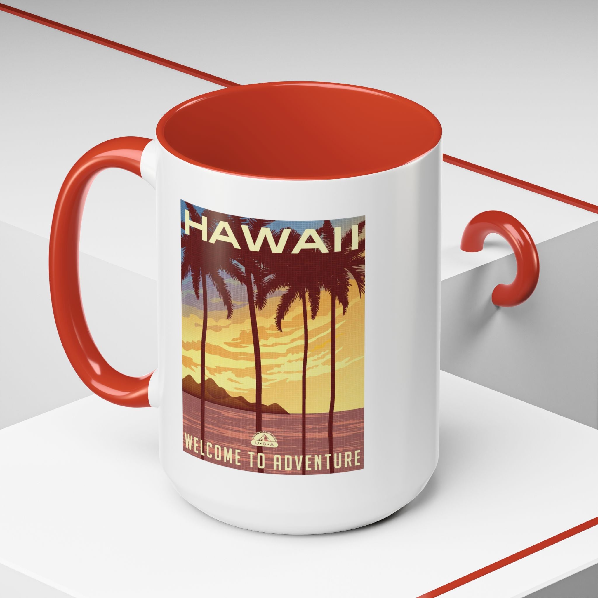 Hawaii Sunset Coffee Mug — "Welcome to Adventure" Tropical Travel Accent Mug