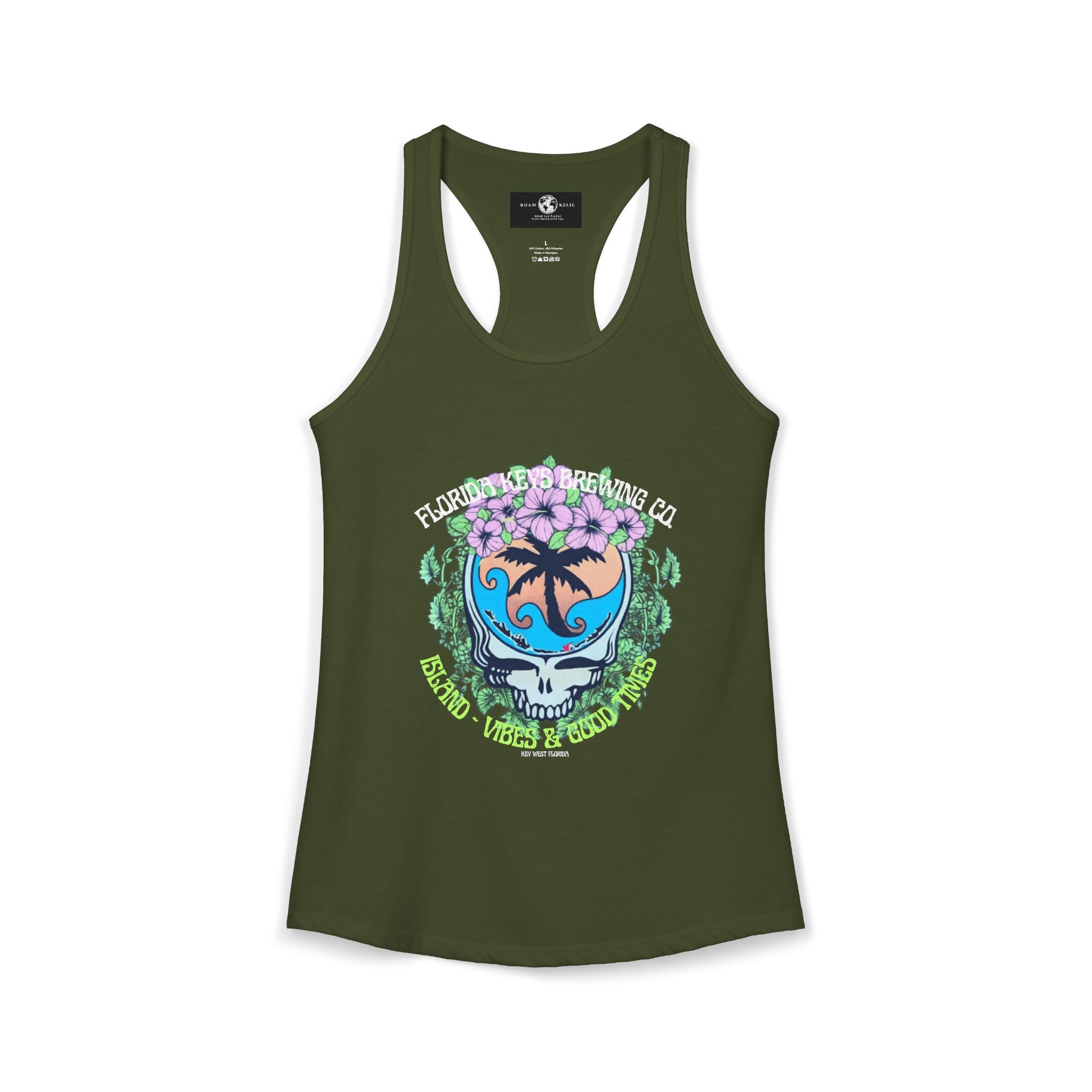 Island Vibes & Good Times Racerback Tank — Tropical Skull Graphic
