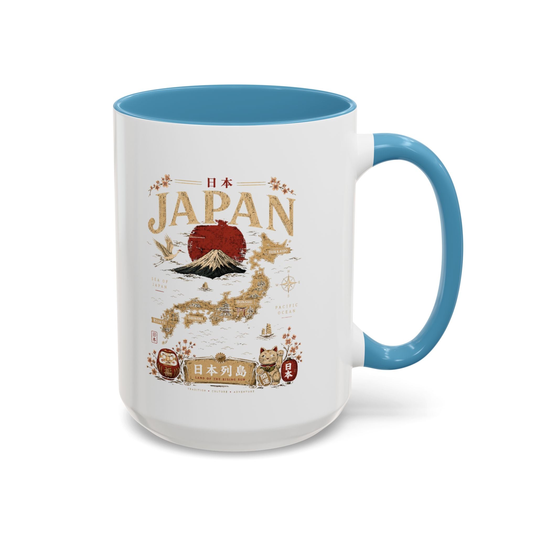 Japan Travel Map Coffee Mug — Mount Fuji Red Sun Accent Mug (11/15 oz)