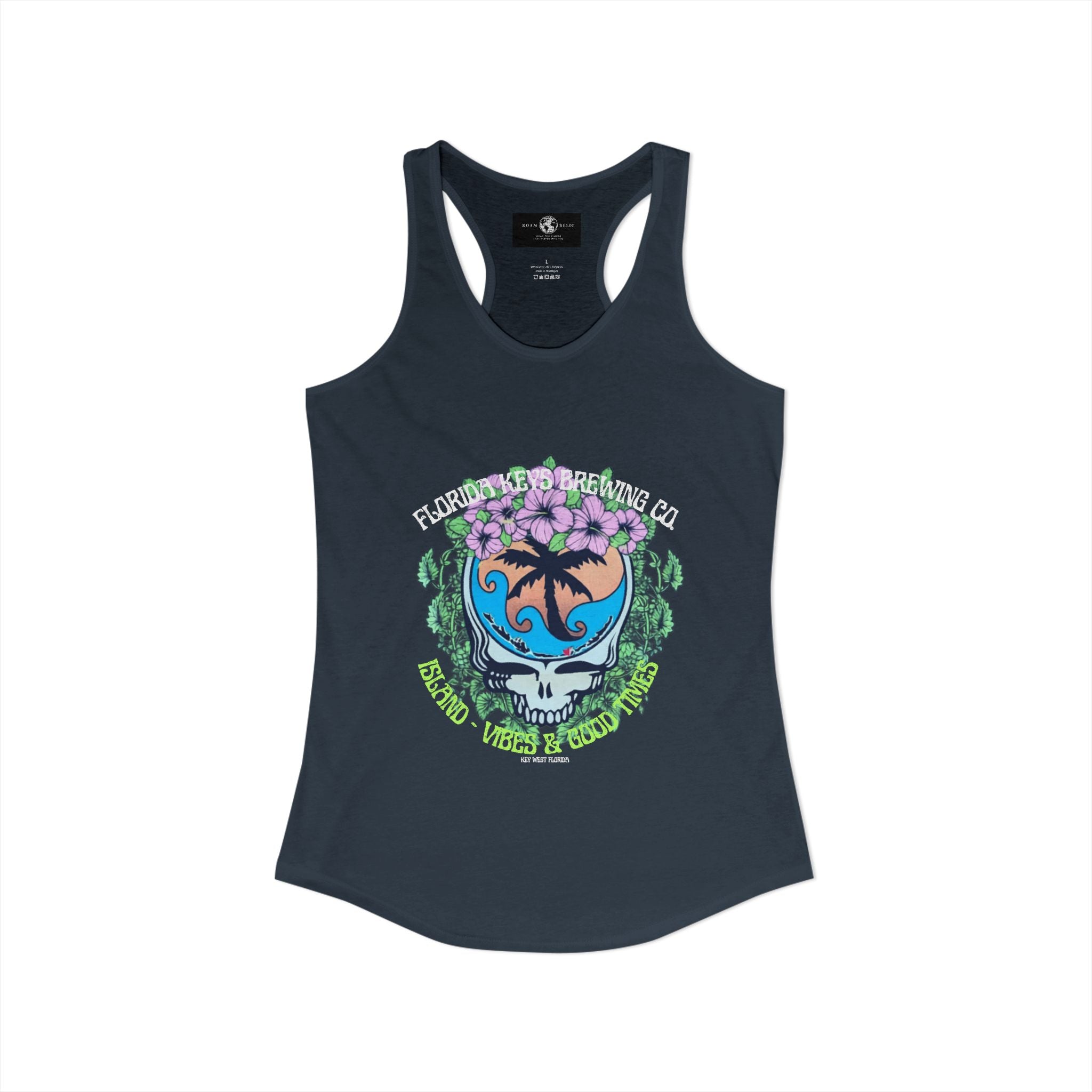 Island Vibes & Good Times Racerback Tank — Tropical Skull Graphic