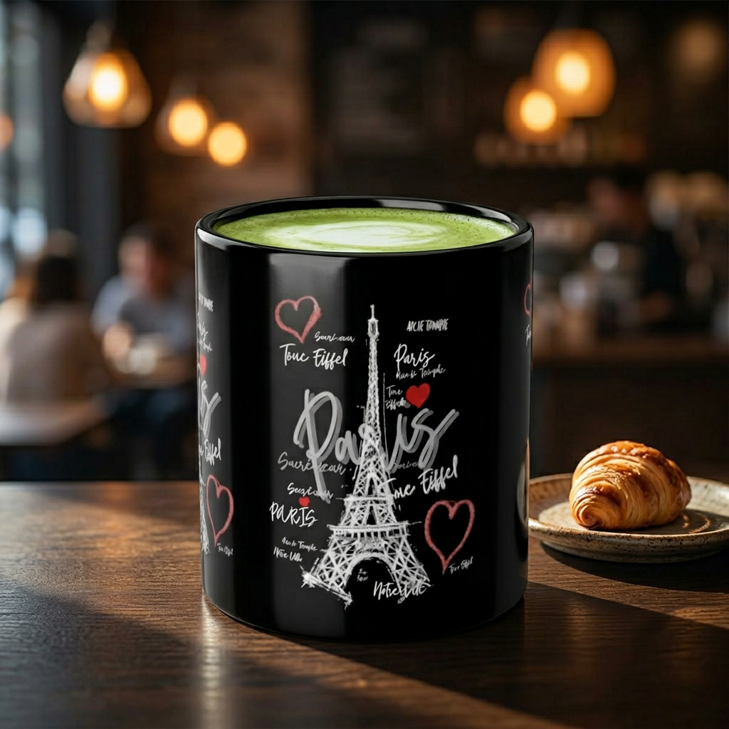Paris Eiffel Tower Heart Black Mug — Romantic France Coffee Cup (11oz/15oz)