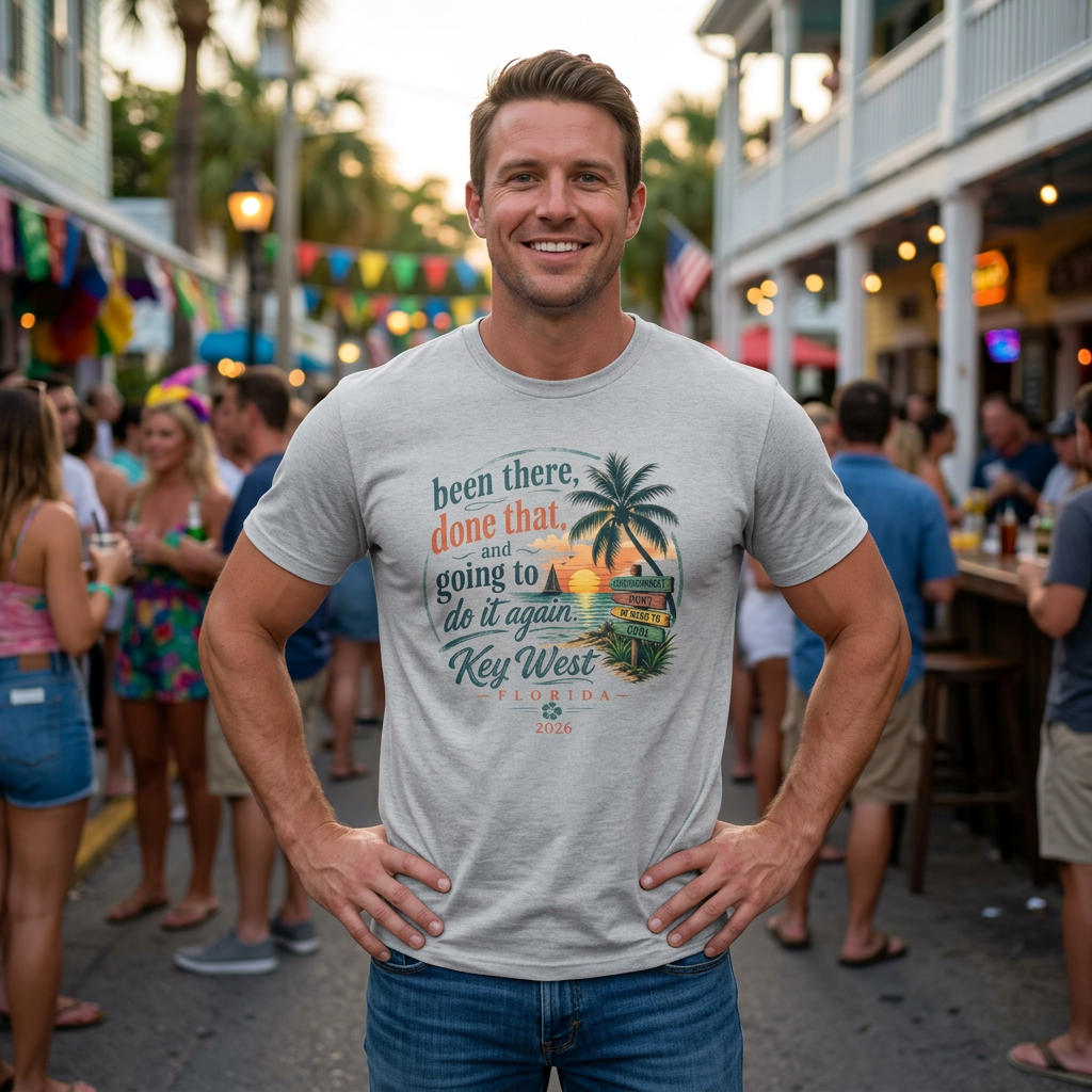Key West Florida Vintage Sunset T-Shirt — "Been there, done that, and going to do it again" Travel Tee - Personalize with Custom Text